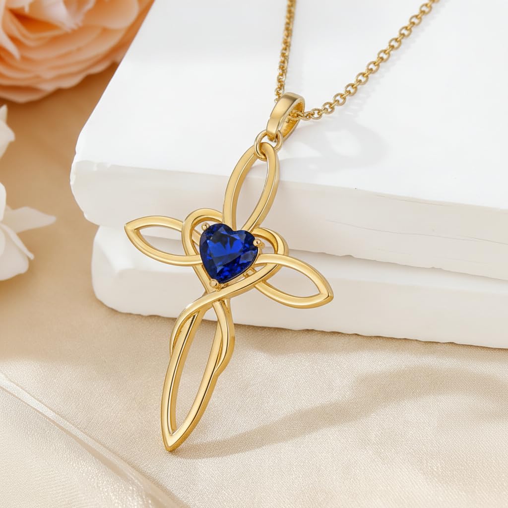 POIUY 14K Gold Celtic Knot Cross Birthstone Necklace for Women Irish Infinity Baptism Faith Heart Pendant Cross Jewelry Anniversary Valentines Birthday Mothers Day Gifts for Mom Wife Her