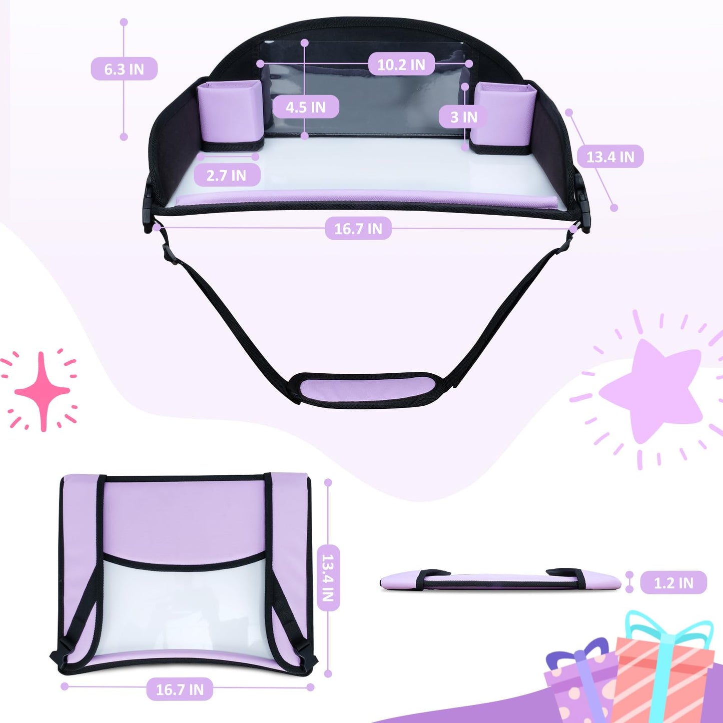 AZAMIA Kids Travel Tray for Toddler Carseat, Road Trip Activities Essentials for Toddler, Kids Lap Desk Tray with Tablet Holder Stand ＆ Dry Erase Board (Purple)