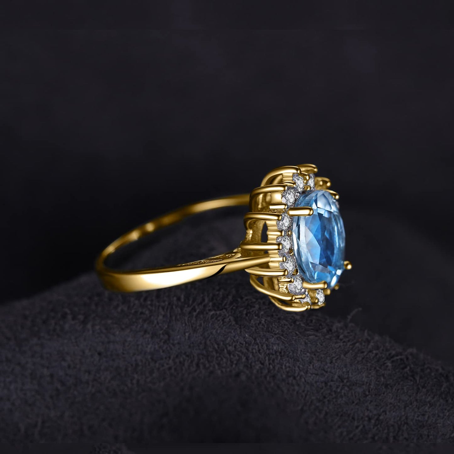 JewelryPalace Princess Diana Kate Middleton Gemstone Birthstone Blue Topaz Halo Statement Engagement Rings for Women, 14K Yellow Gold Plated 925 Sterling Silver Promise Rings for Her Size 10.5
