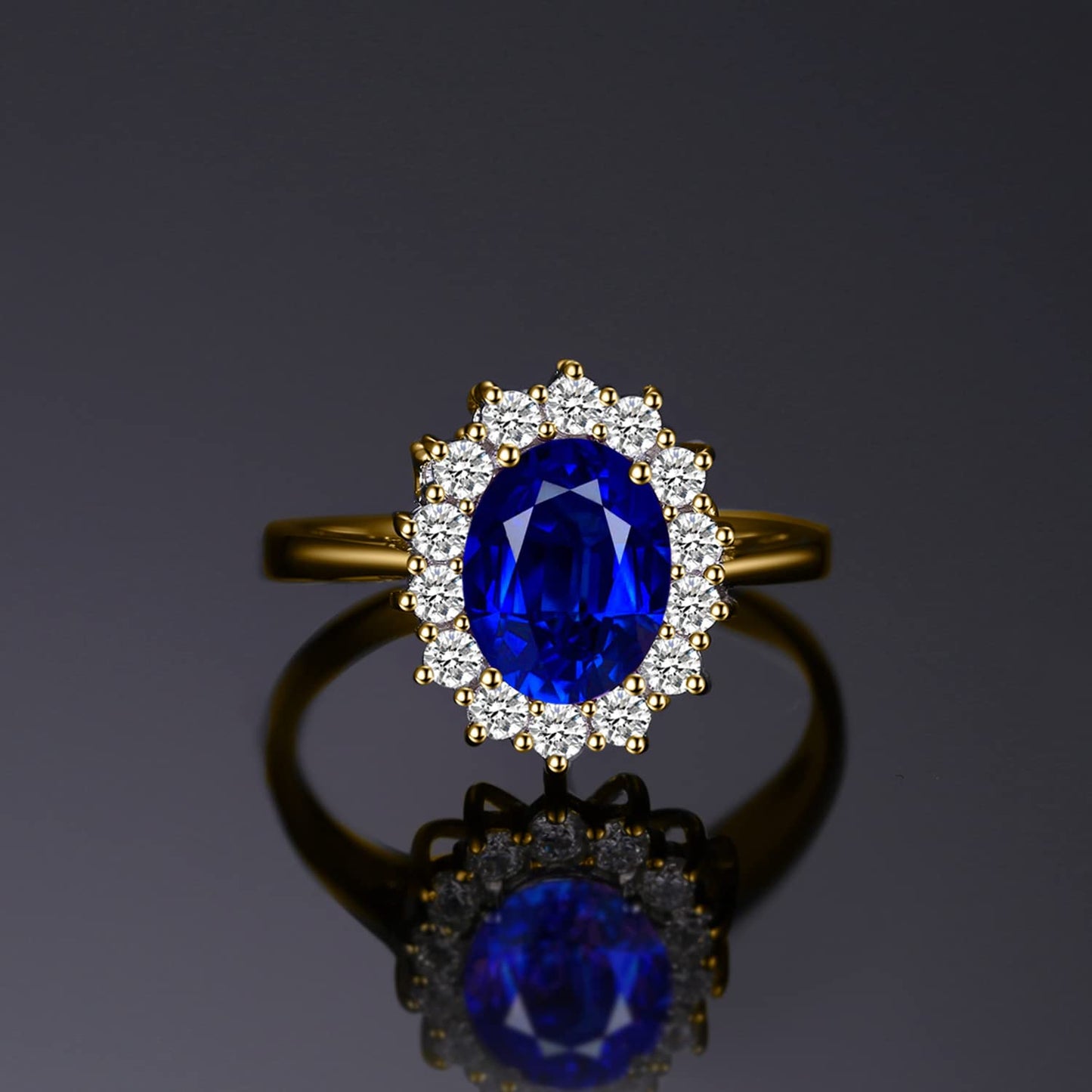JewelryPalace Princess Diana Kate Middleton Gemstone Birthstone Blue Sapphire Halo Statement Engagement Rings for Women, 14K Yellow Gold Plated 925 Sterling Silver Promise Rings for Her Size 10.5