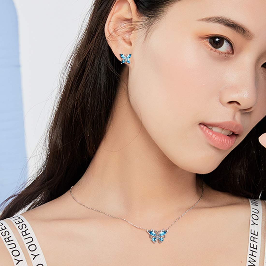 Hipunk Butterfly Blue Jewelry Sets Birthstone Women 925 Sterling Silver March-Auqamarine Birth Stone Animal Butterflies Jewelry Sets/Earring Set Crystal Birthday Jewelry SS0001M
