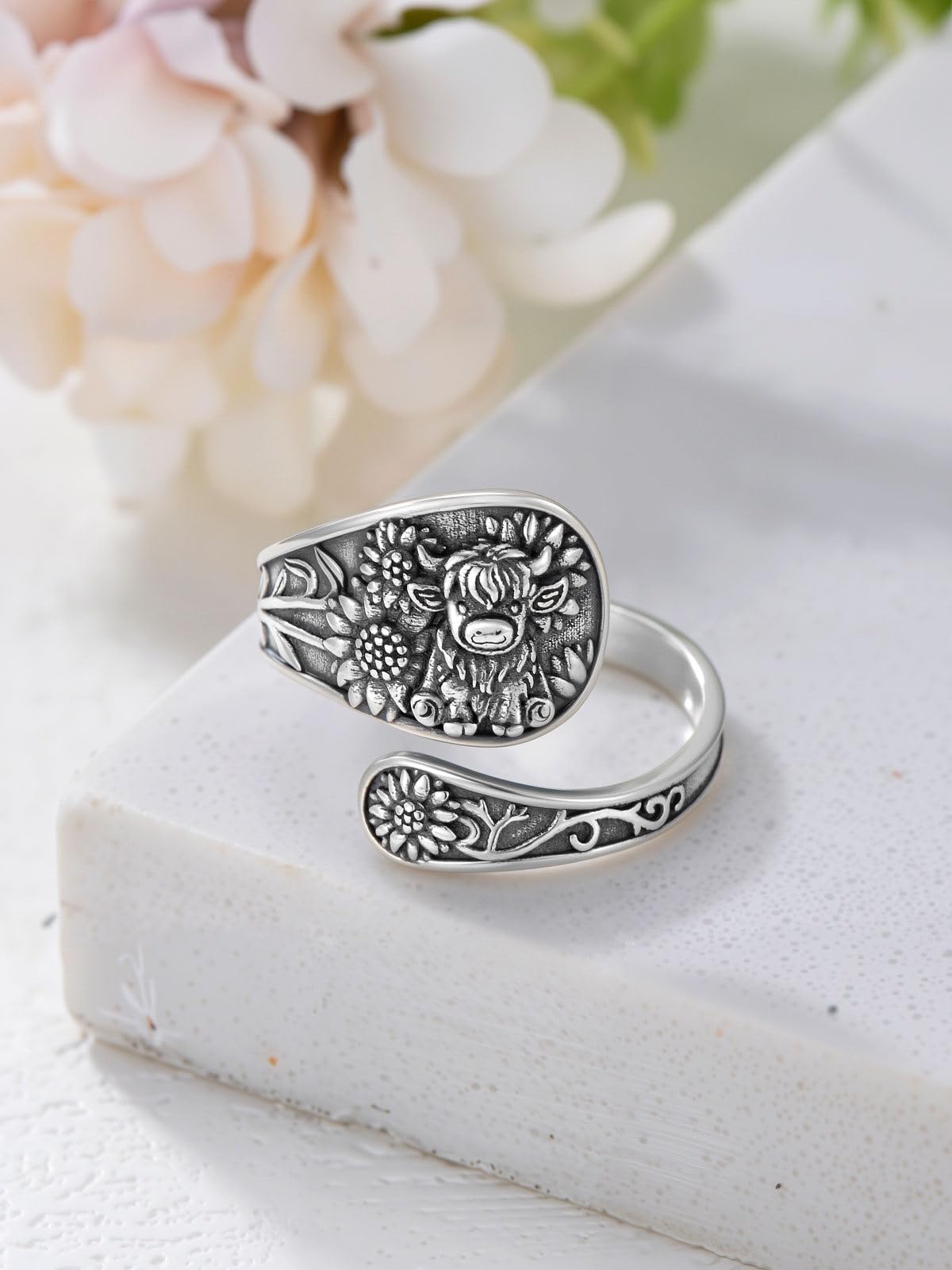 Midari Spoon Rings for Women 925 Sterling Silver Sunflower Highland Cow Rings Adjustable Vintage Finger Thumb Rings Highland Cow Jewelry for Women Daughter Birthday Christmas Gifts