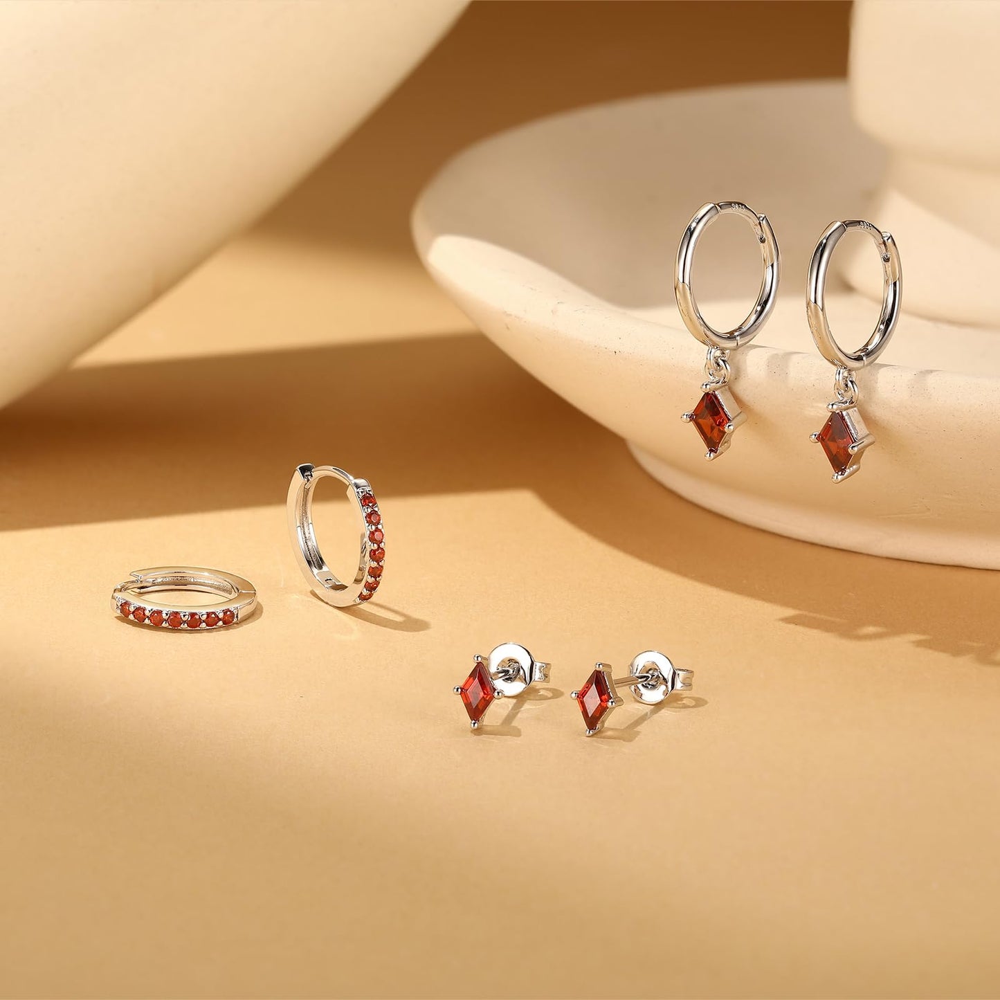 3 Pairs Sterling Silver Hoop Earrings Set for Women, Hypoallergenic Silver Red Earrings for Multiple Piercing, Dainty Huggie Ruby Earring Cartilage Earring Stacks Trendy Red Jewelry Gifts