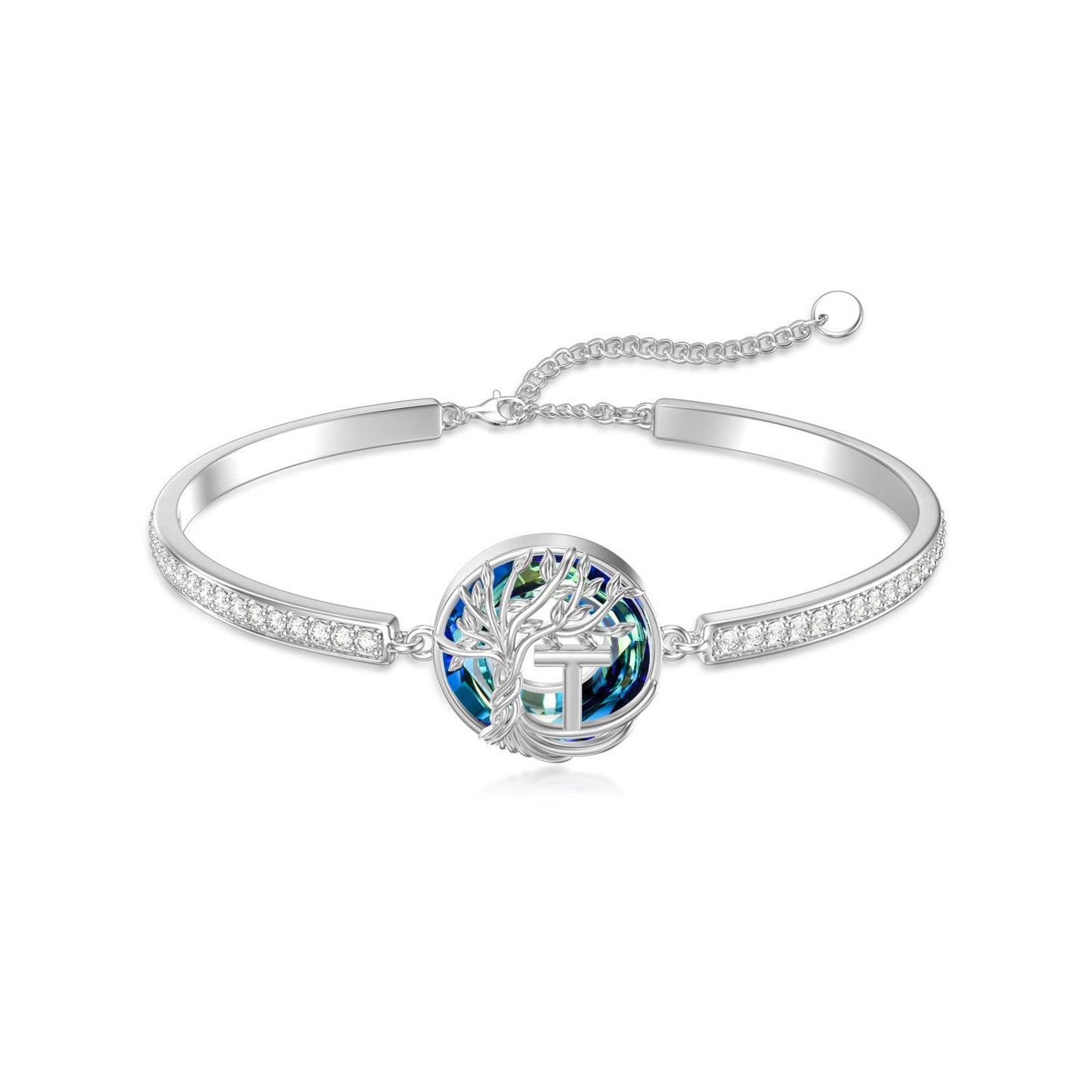 TOUPOP Tree of Life Bracelet Sterling Silver Initial T Letter Bangle Bracelet Family Tree Blue Crystal Jewelry Mothers Day Birthday Gifts for Women Mom Wife