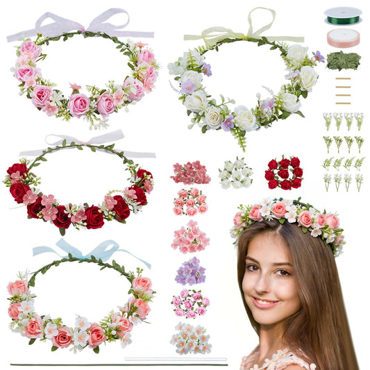ACRNIGHEET 4 Sets DIY Flower Crown Making Kit, Fairy Party Favors Floral Headband, Make Your Own Crown Garland Headband, Rose Flowr Crowns Kit for Princess Women Wedding Birthday Part