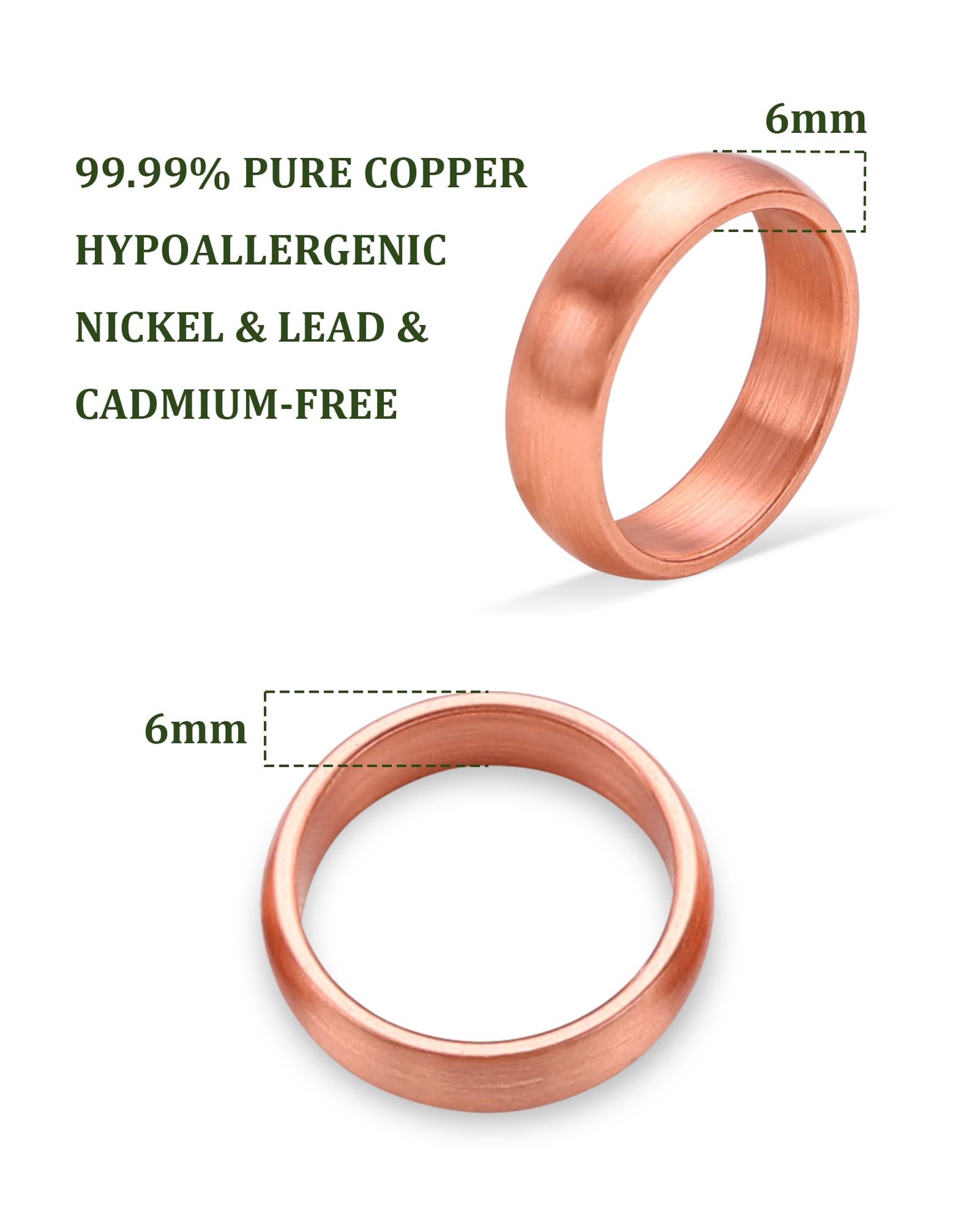 MagEnergy 2Pcs Solid Pure Copper Ring for Men & Women, Uncoated 6mm Wide, Non-Magnetic Smooth Polish, Sizes 4.5-10.5