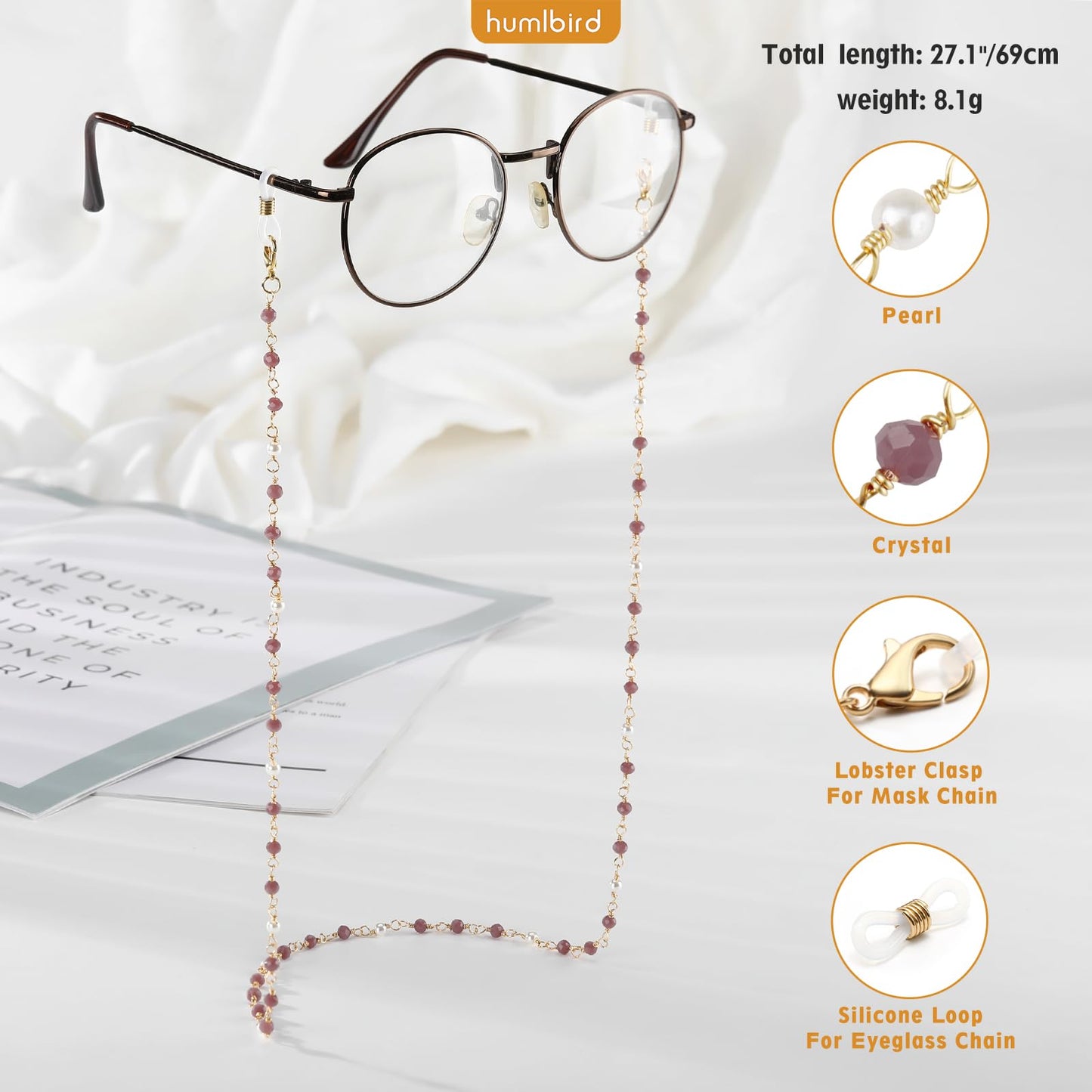 humlbird Eyeglasses Chain for Women Stylish Mask Lanyard Natural Crystal Mask Chain Eye Glasses Holder Strap Around Neck