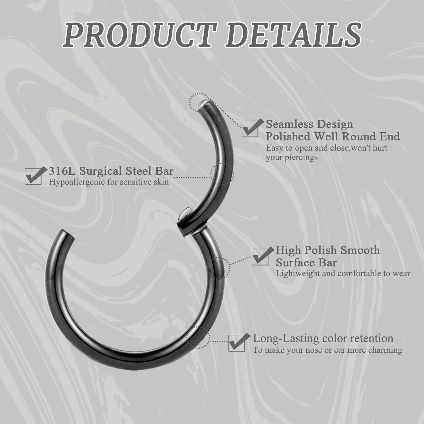 Nose Rings 18 Gauge Nose Ring Hoop Earrings For Women 18g Nose Hoop Black 8mm Septum Jewelry Surgical Steel Septum Ring Septum Clicker Lip Rings Helix Earring Rook Earring Conch Cartilage Earring