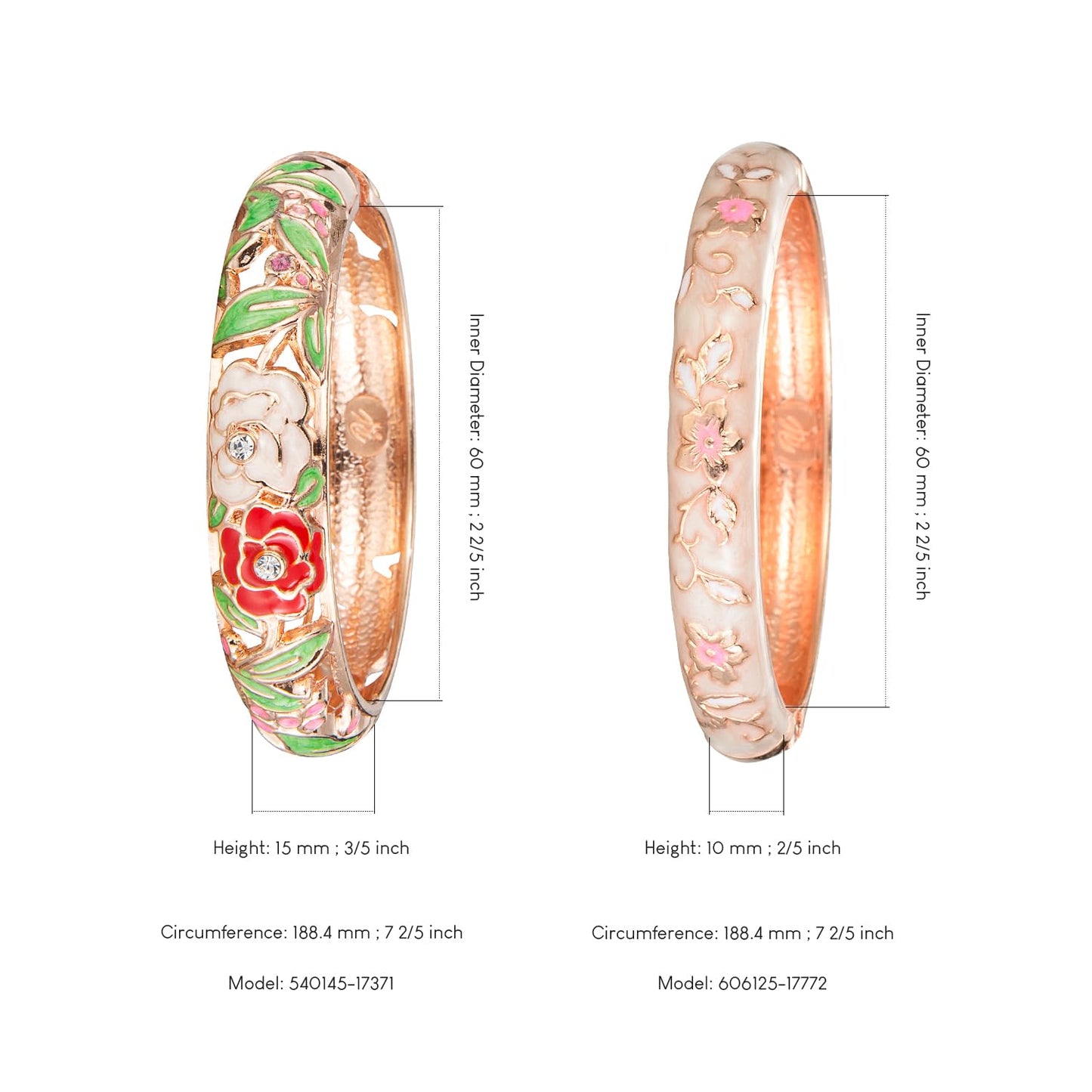 UJOY Vintage Cloisonne Jewelry Bracelet Rose Flower Handmade Rhinestones Enamel Spring Cuff Bangles 2 Pcs Set for Womens Gift 88A10-55A82 Cream White