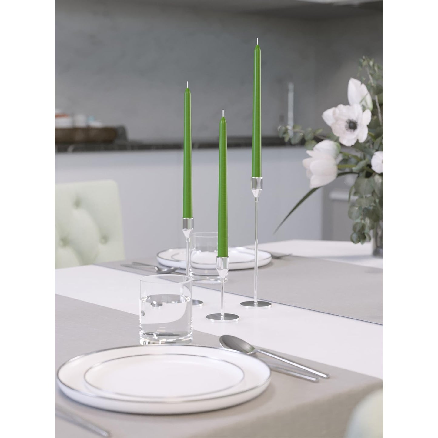 CANDWAX 10 inch Taper Candles - Set of 4 - Dripless, Unscented and Smokeless - Green Tapered Candle Sticks - Perfect for Dinner - Grass Green Candles