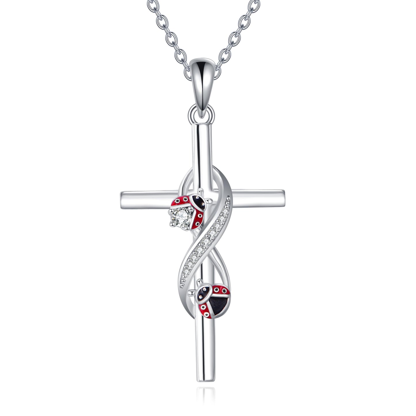 POPLYKE Cross Ladybug Necklace 925 Sterling Cross Pendant Necklace Ladybug Jewelry for Women
