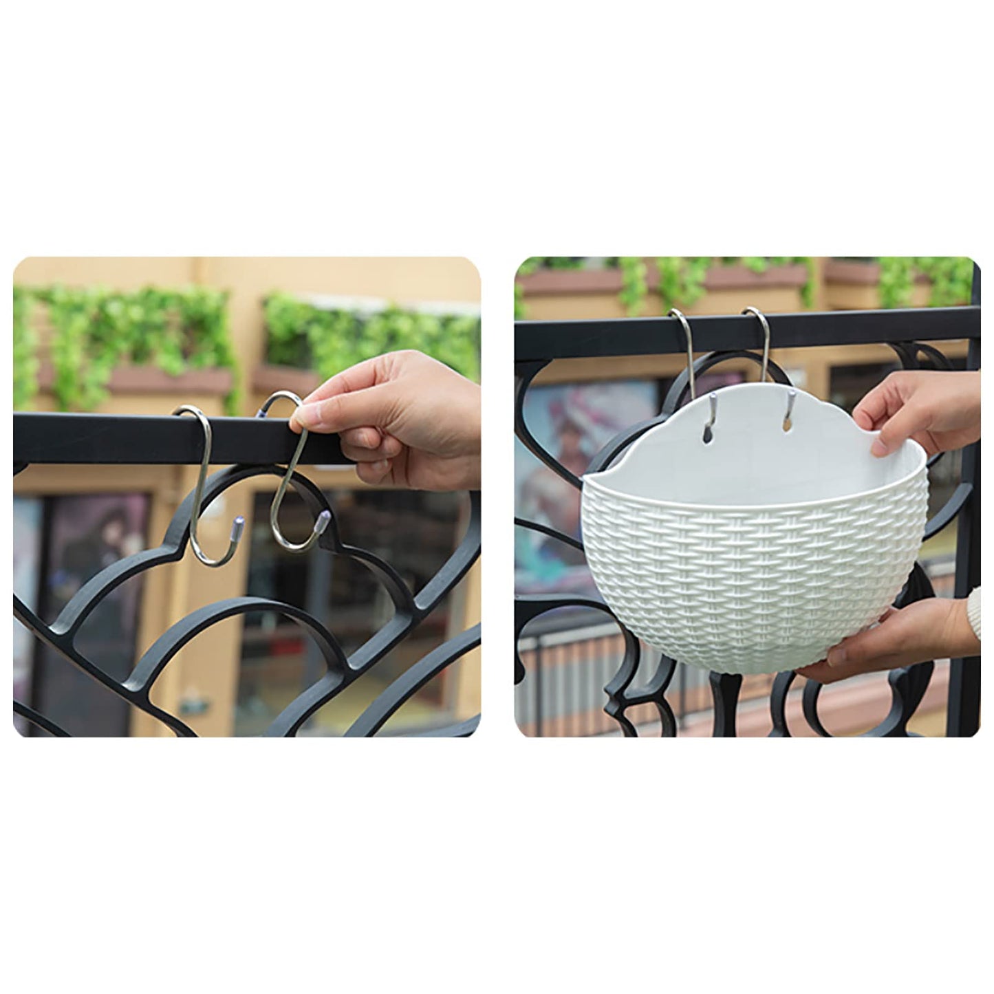 Hanging Planter Pot, Wall and Railing Hanging Planters with S Hooks, Half Round Imitation Rattan European Style Wall Flowerpot Rustic Decorative Flower Basket for Home Balcony(#2pcs 26 * 20.5cm Grey)