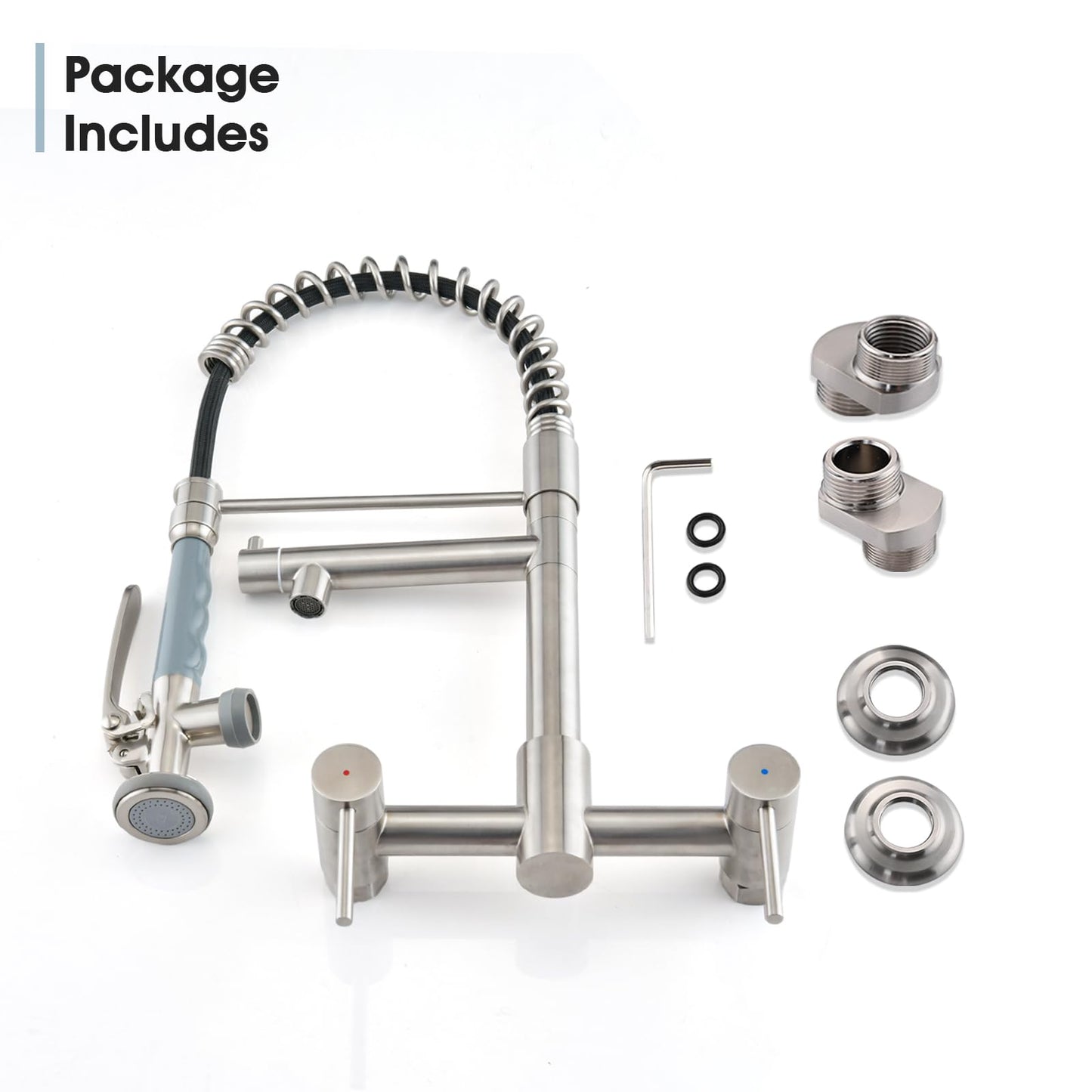 DEMIINUS Wall Mount Kitchen Faucet with Pull Down Sprayer, 8 Inch Center Kitchen Sink Faucet, Heavy-Duty Commercial Wall Mount Faucets, 2 Handle Faucet for Kitchen Sink, Brushed Nickel