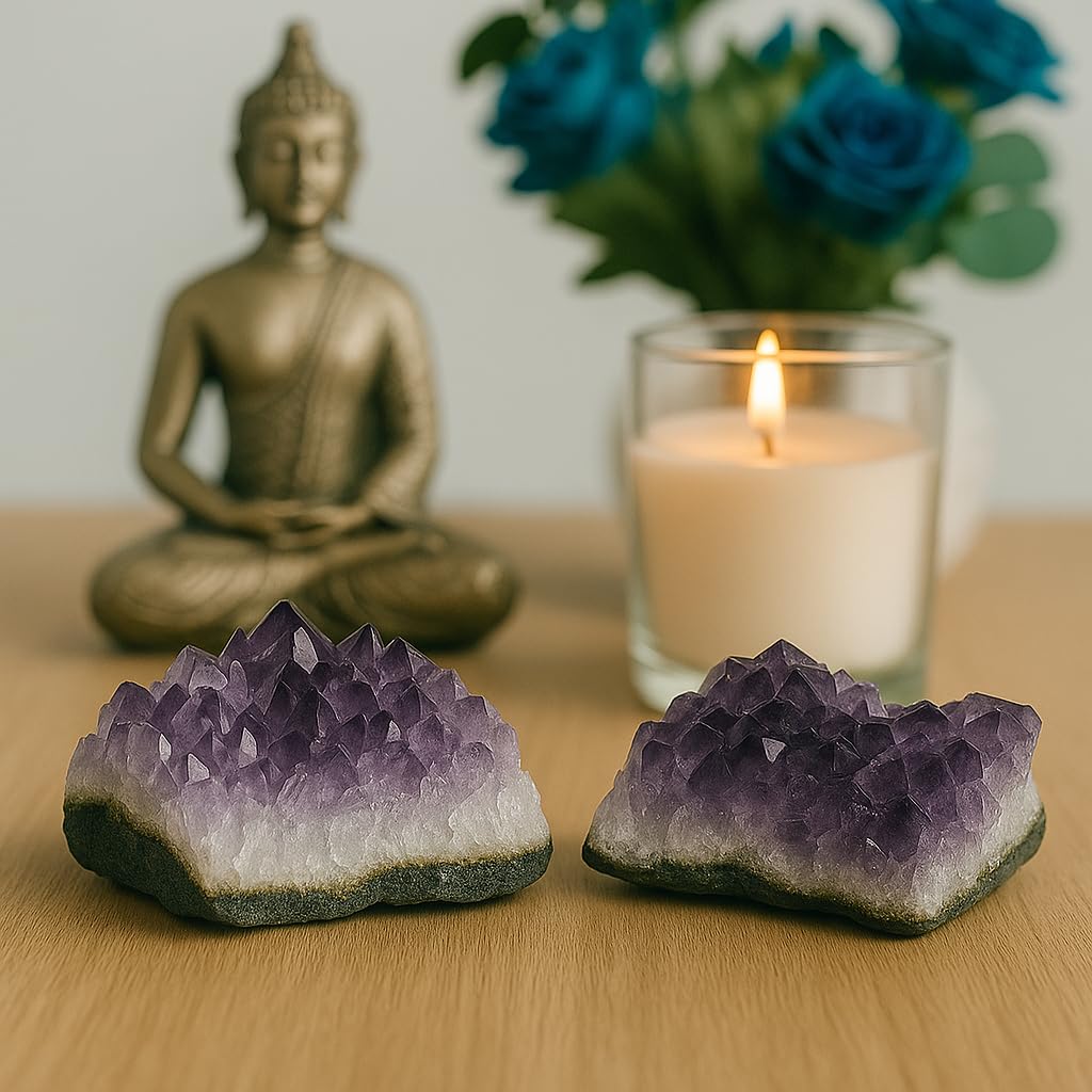 SAMSARI Set of 3 to 7 Natural Amethyst Druzy Clusters (0.75 lb) – Raw Crystal Geodes for Meditation, Reiki & Home Décor – Spiritual Healing Stones – Handpicked from Uruguay