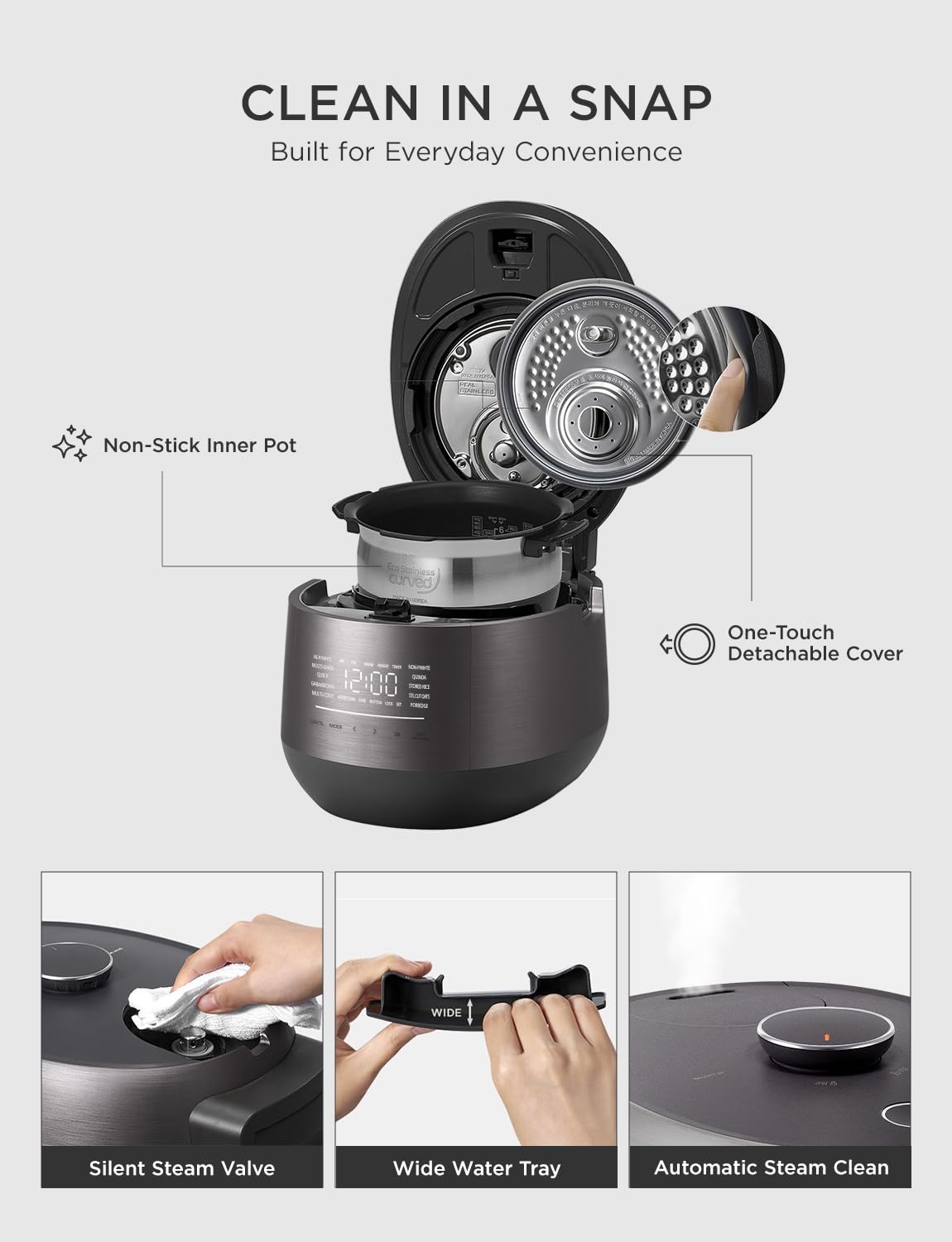 CUCKOO Twin Pressure Rice Cooker 6-Cup Uncooked / 12-Cup Cooked with Induction Heating Technology, Silent Pressure System, Open Cooking Mode, Dynamic Display, Eco Inner Pot, Gray (CRP-PHTR0609FS)