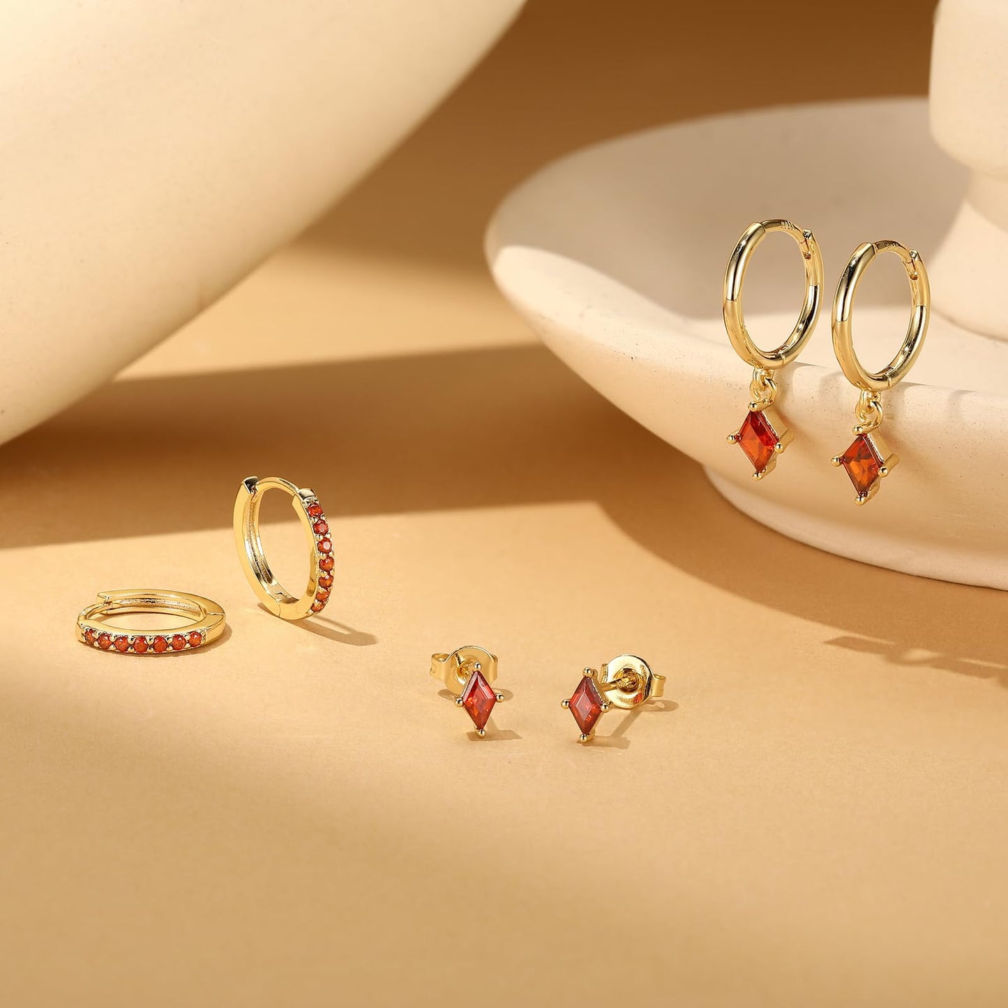 Gold Hoop Earrings Set for Women, Dainty 14K Gold Plated Red Earrings, Hypoallergenic Trendy Small Earring Stacks Multiple Piercing, Huggies Dangle Earring Red Jewelry for Women