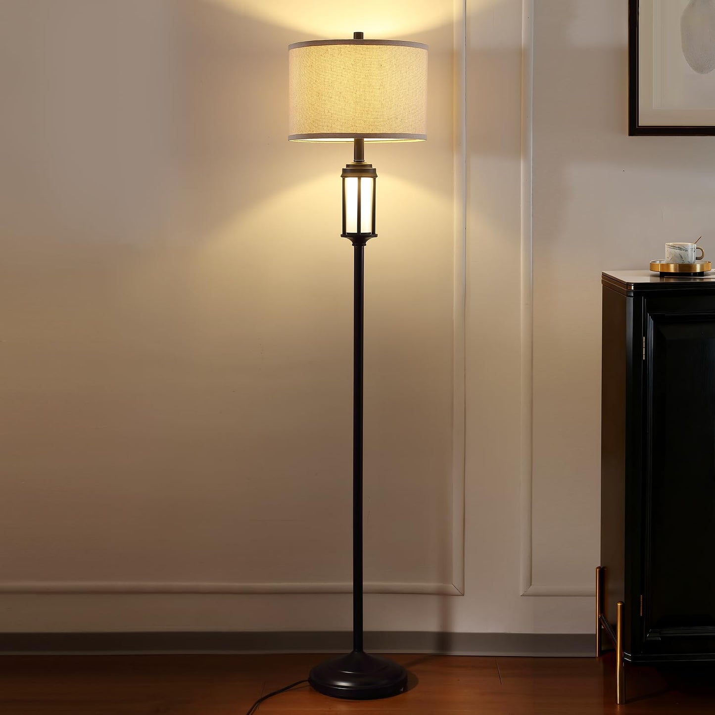 AIEAMPDO 65" Modern Floor Lamp for Living Room with 2 Light Sources, Industrial Black Tall Standing Lamps with Nightlight, Retro Floor Light for Bedroom Office Reading Room, Bulbs Included