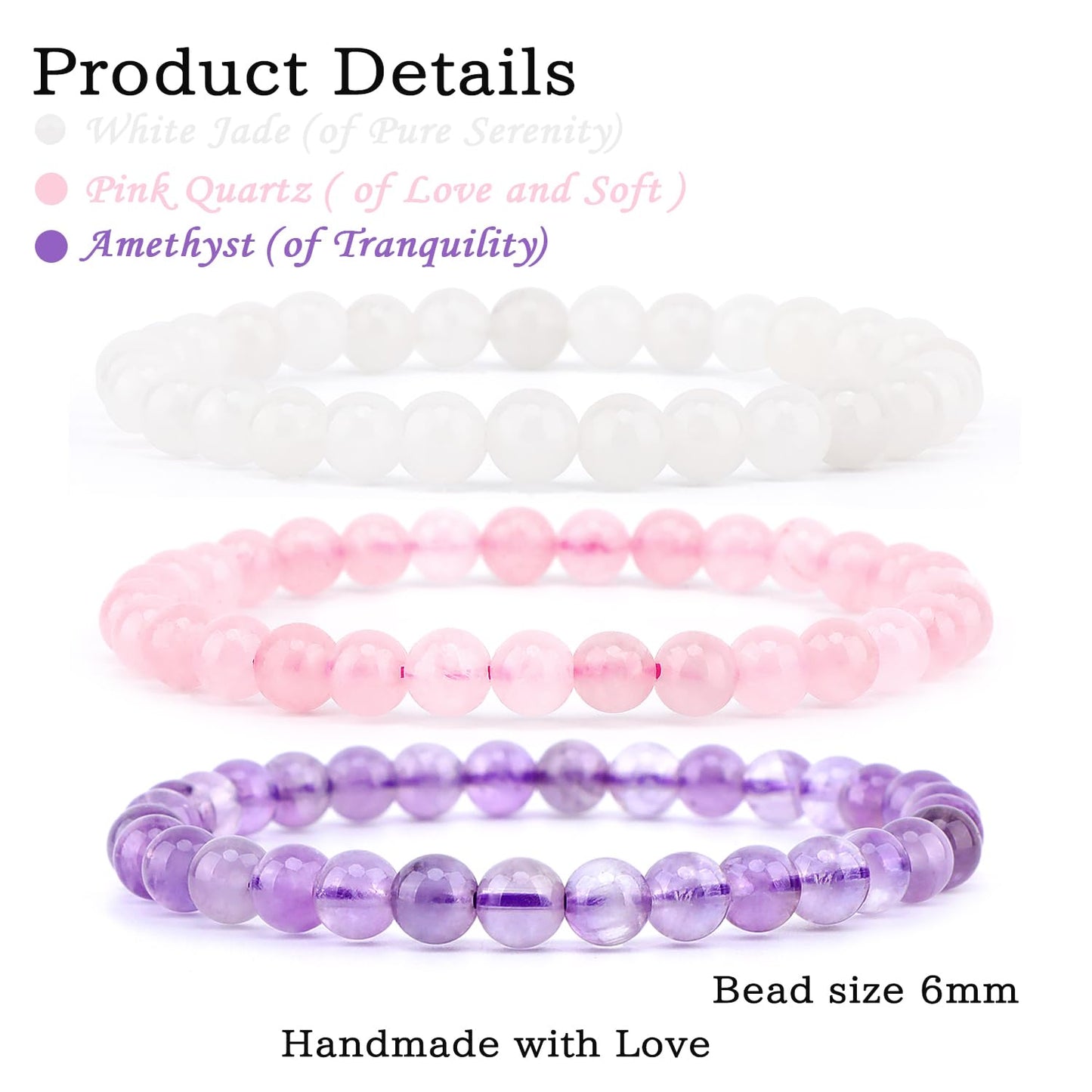 CMBYN 3-Pieces 6mm Natural Crystal Gemstone – ﻿Amethyst, Pink Quartz, White Jade Handmade Reiki Energy Healing Stretch Bracelets Jewelry for Yoga, Meditation, Unisex