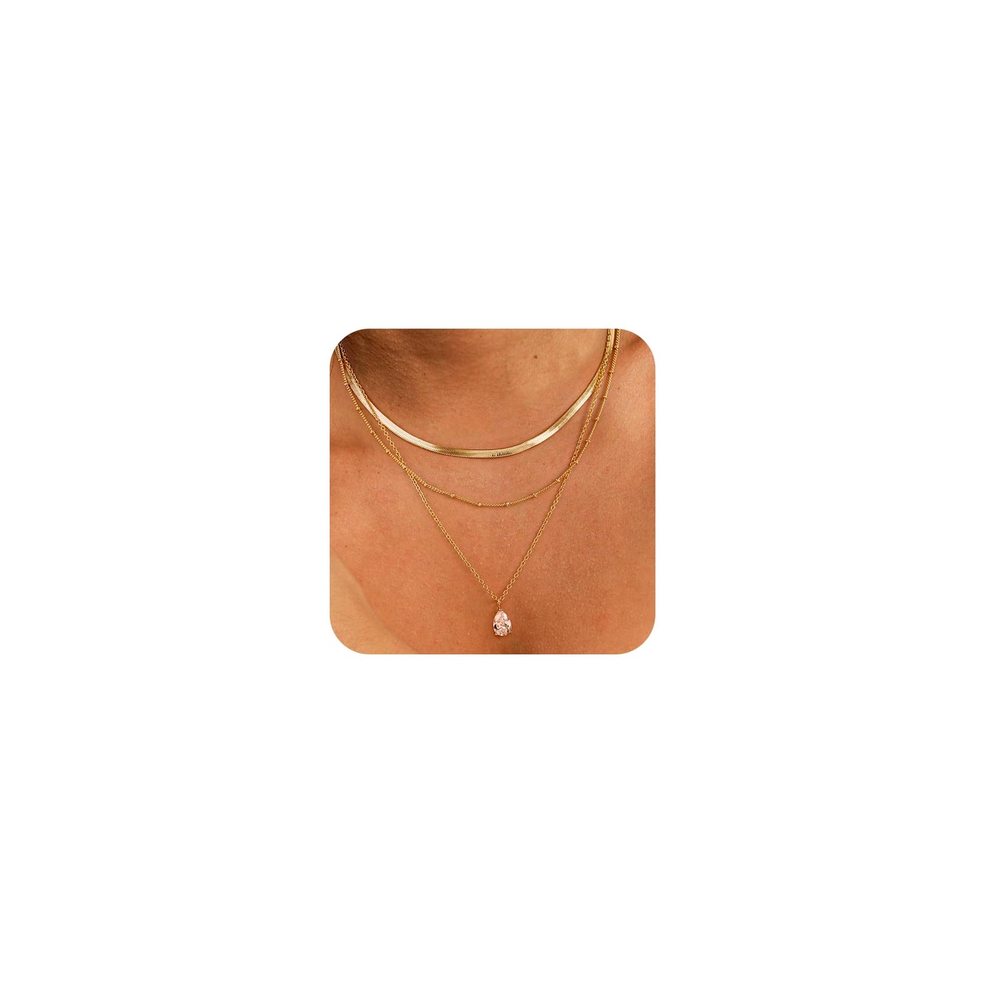 YOIHUR Layered Gold Necklaces for Women, 14K Gold Plated Beading Snake Chian Trendy Layering Water Drop Zircon Pendant Necklace Set Jewelry for Women