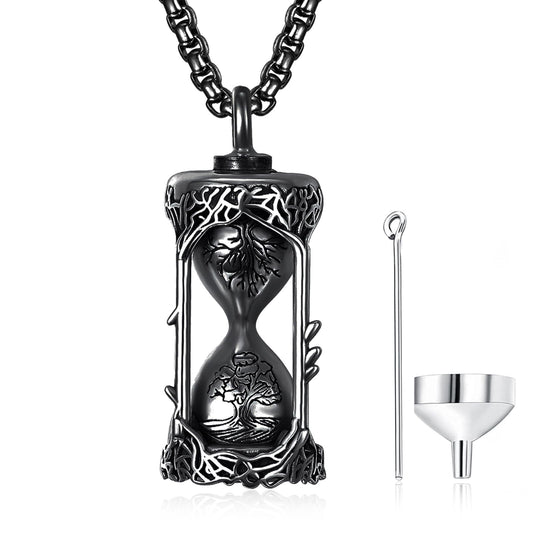 ADMETUS Tree of Life Hourglass Urn Necklaces for Ashes Black Cremation Jewelry for Ashes for Men Ash Keepsake Pendant Memorial Gifts