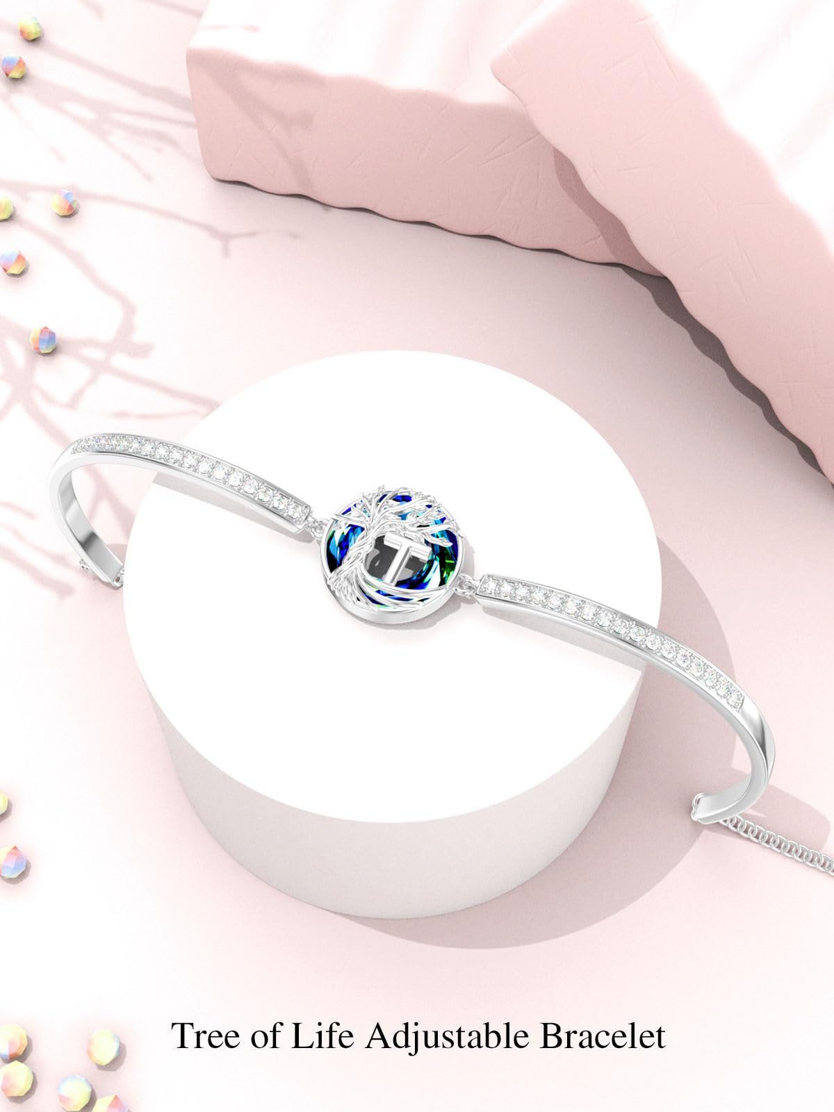 TOUPOP Tree of Life Bracelet Sterling Silver Initial T Letter Bangle Bracelet Family Tree Blue Crystal Jewelry Mothers Day Birthday Gifts for Women Mom Wife
