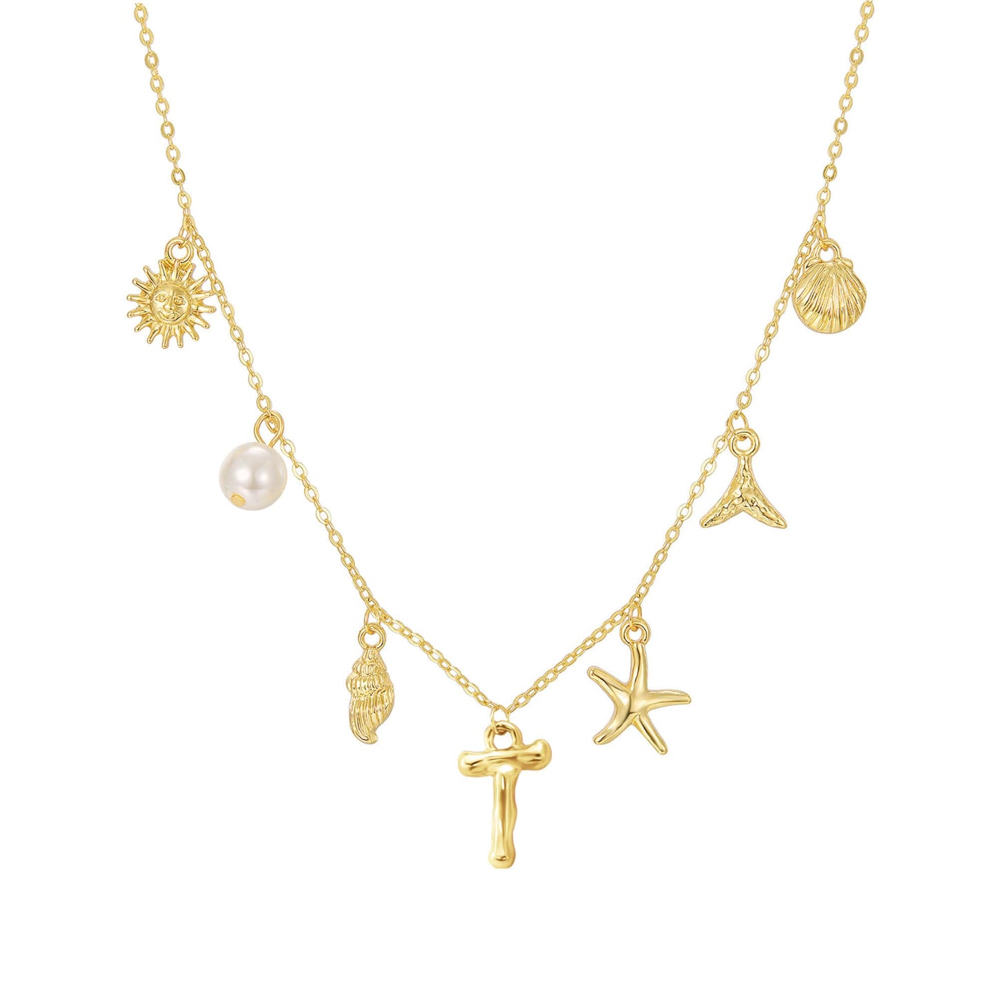 JALZEMPL Initial Charm Necklace For Women Shell Seashell Summer Beach Letter 14K Gold Plated Pendant Starfish Surfer Boho Jewelry Gifts (T)
