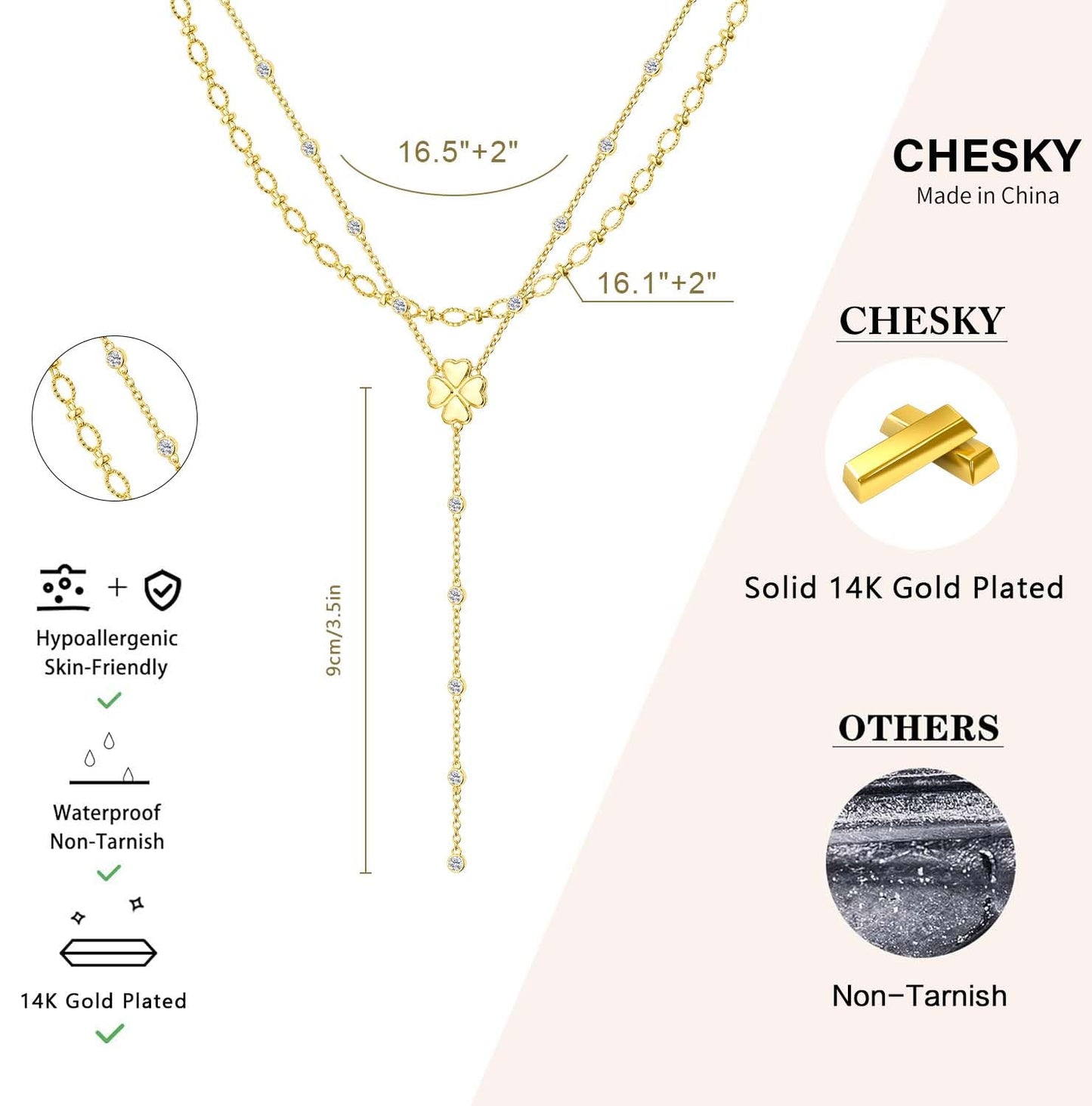 CHESKY Lariat Gold Necklace for Women, Dainty Long Necklace 14k Gold Plated Y-Shaped Pendant Necklace Trendy Paperclip Chain Four Leaf Drop Necklaces Simple Gold Jewelry for Women Gifts