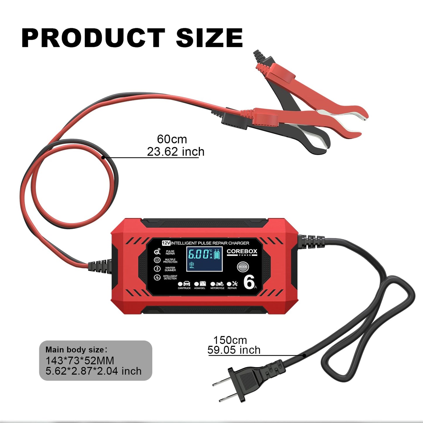 Corebox Battery Charger 6-Amp 12V Automatic Smart Battery Trickle Charger, Battery Maintainer Desulfator with Temperature Compensation for Car Truck Motorcycle Lawn Mower Marine