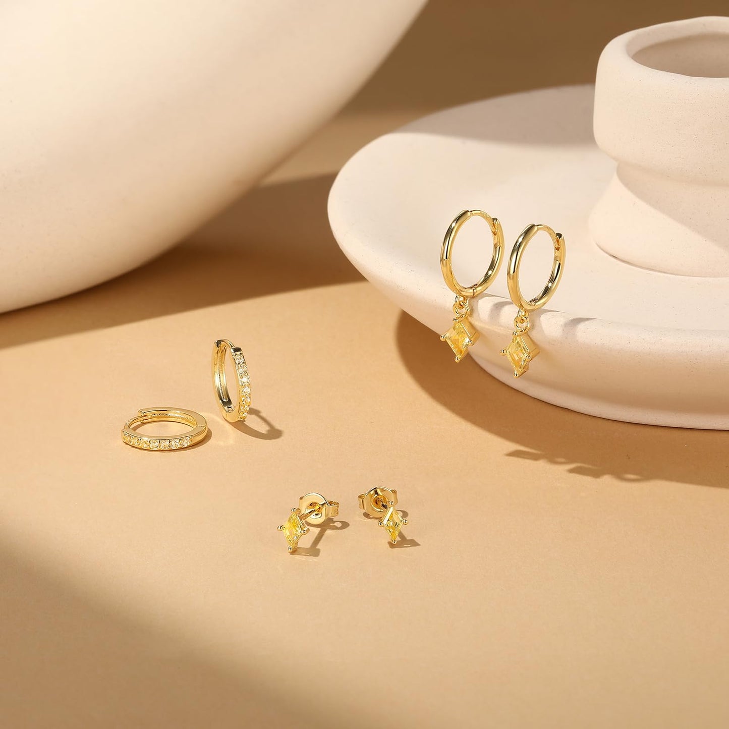 Gold Hoop Earrings Set for Women, Dainty 14K Gold Plated Yellow Earrings, Hypoallergenic Trendy Small Earring Stacks Multiple Piercing, Citrine Diamond Dangle Huggie Earring Jewelry for Women