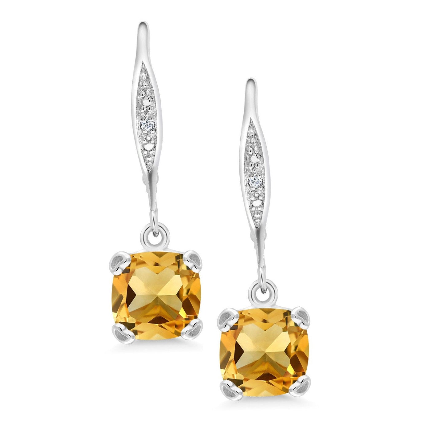 Gem Stone King Drop Dangle Earrings For Women | 7MM Cushion Cut Gemstone Birthstone and Diamond | 925 Sterling Silver | Jewelry Gift for Mom Wife Her | Citrine-November | Sterling Silver