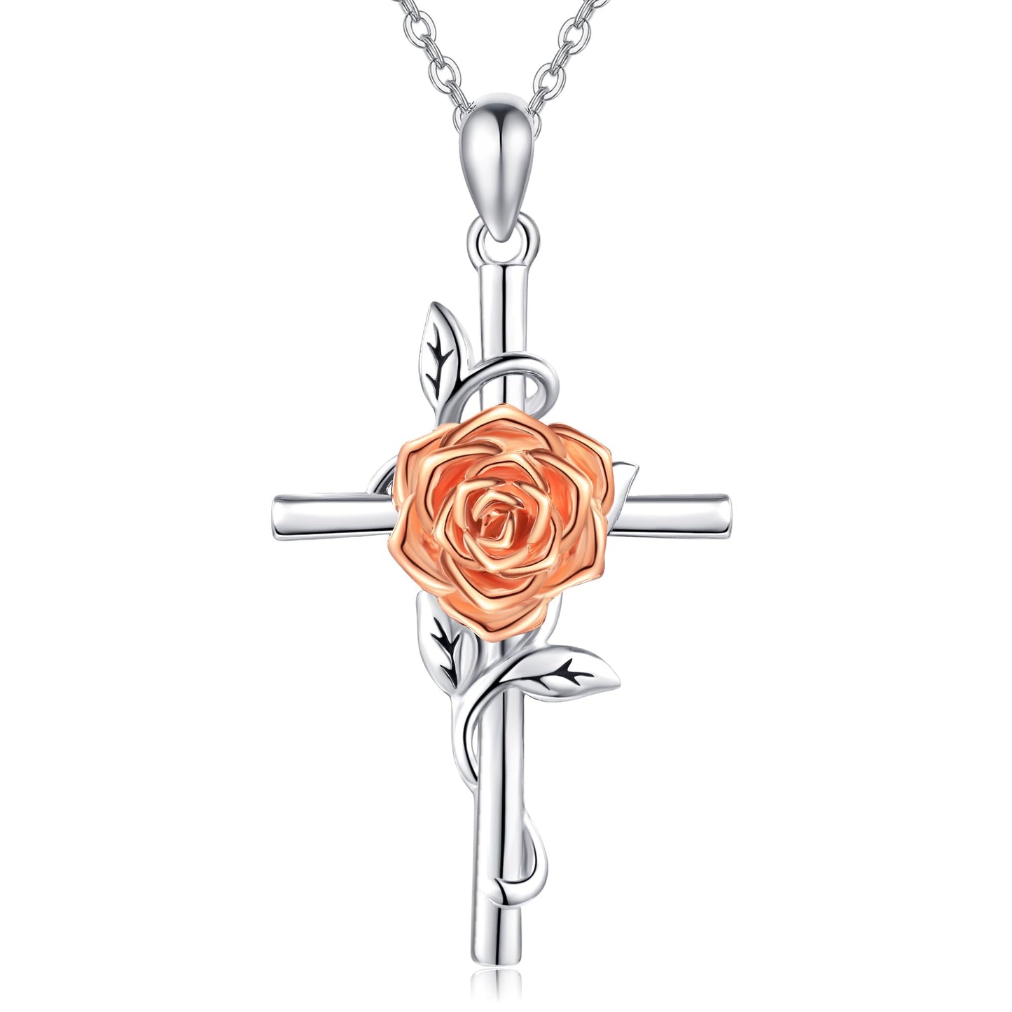 Flower Cross Necklace 925 Sterling Silver Rose Cross Necklace Birth Flower Jewelry for Women