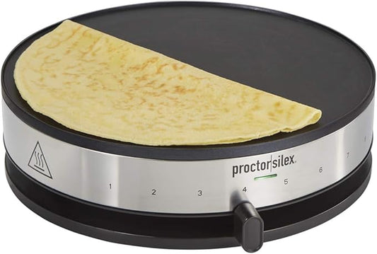 Proctor Silex Electric Crepe Maker with 13â PFAS-Free Nonstick Griddle for Eggs, Pancakes, Omelets and Quesadillas, with Temperature Control, Spatula, Spreader, Batter Cup, Stainless Steel (38400MN)