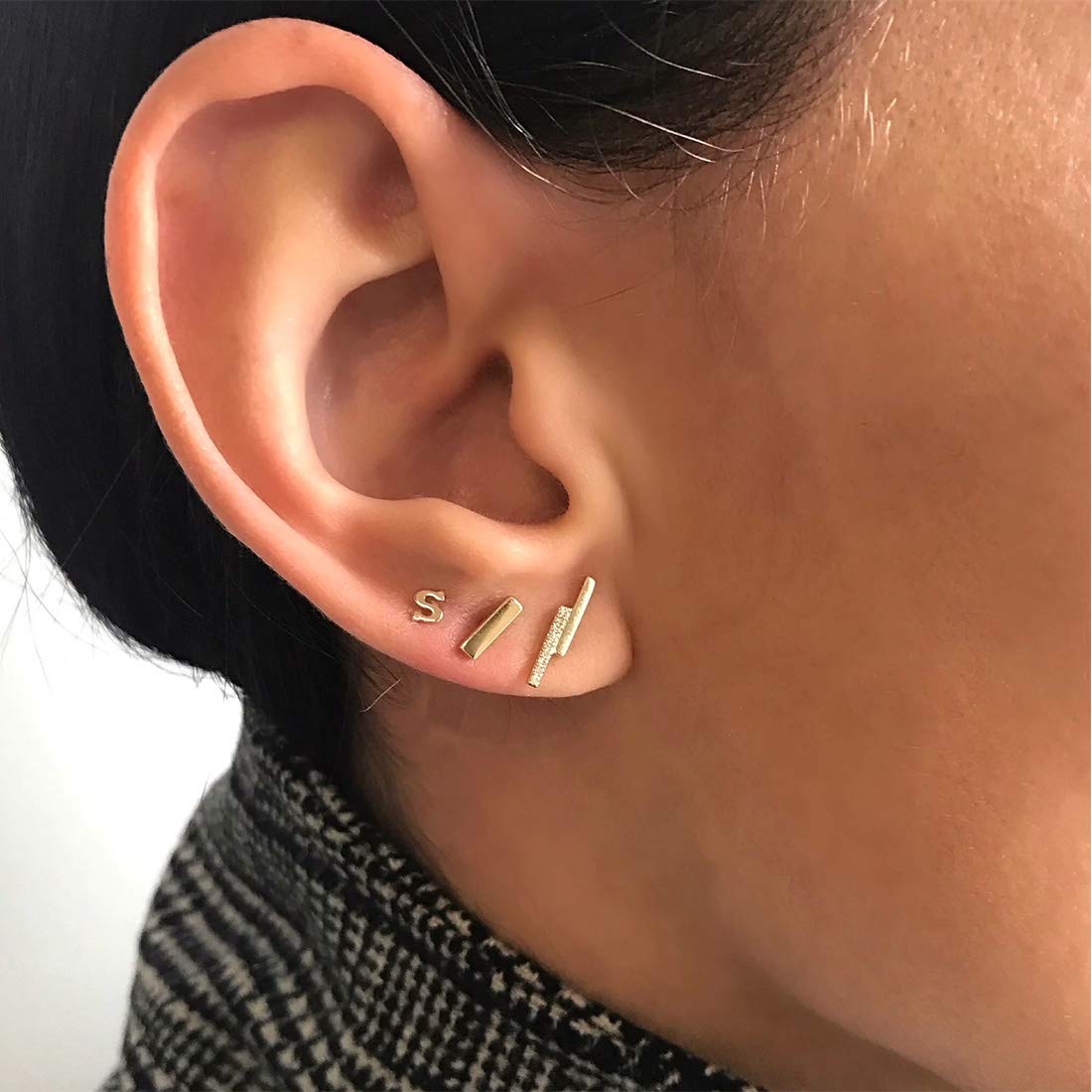 Sterling Silver Stud Earrings for Women Men- 4 Pairs of Hypoallergenic Simple Geometric Small Stud Earring Set Tiny Circle Triangle Square Bar Stud Earrings Mini Cartilage Tragus Earrings(Gold)