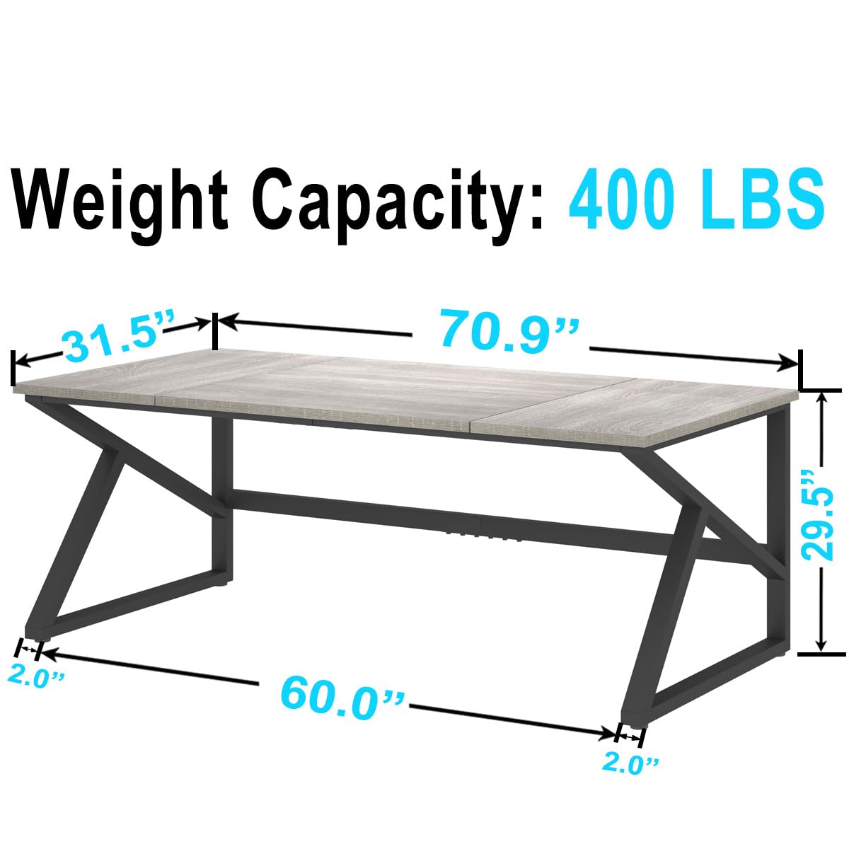 IBF 70 Inch Large Home Office Desk, Industrial Long Executive Work Writing Study Computer Table, Farmhouse Big Metal Wood Double Desk for Bedroom Living Room, Rustic Dual Monitor Desk, Light Grey