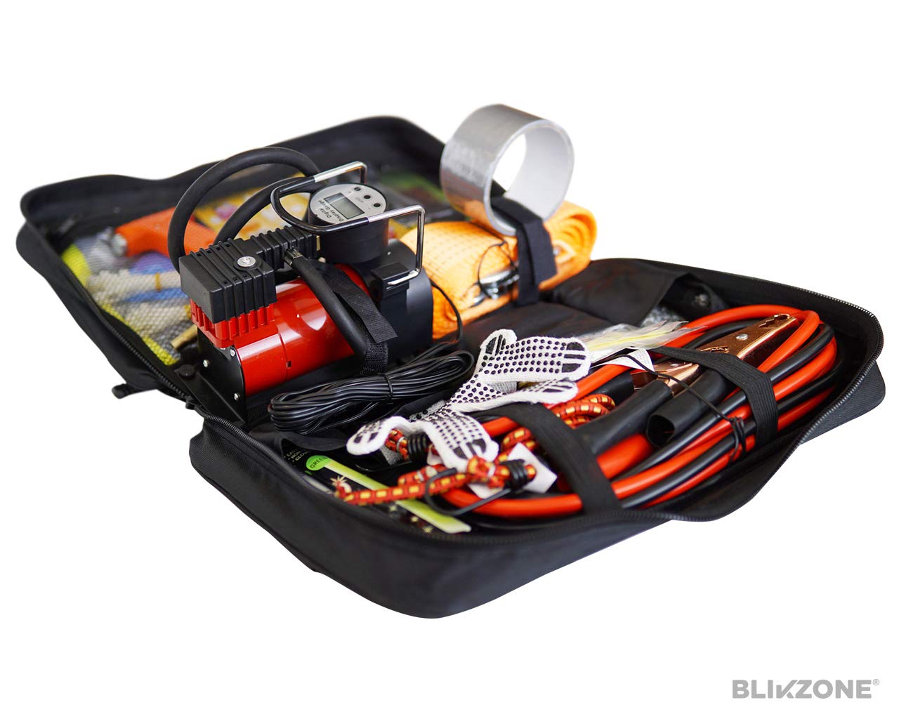 BLIKZONE Red Car Emergency Kit for Vehicles Road Trip, with All the Essentials as Flat Tire Repair, Jumper Cables, Digital Air Compressor, Multitool and All the Car Safety Accessories