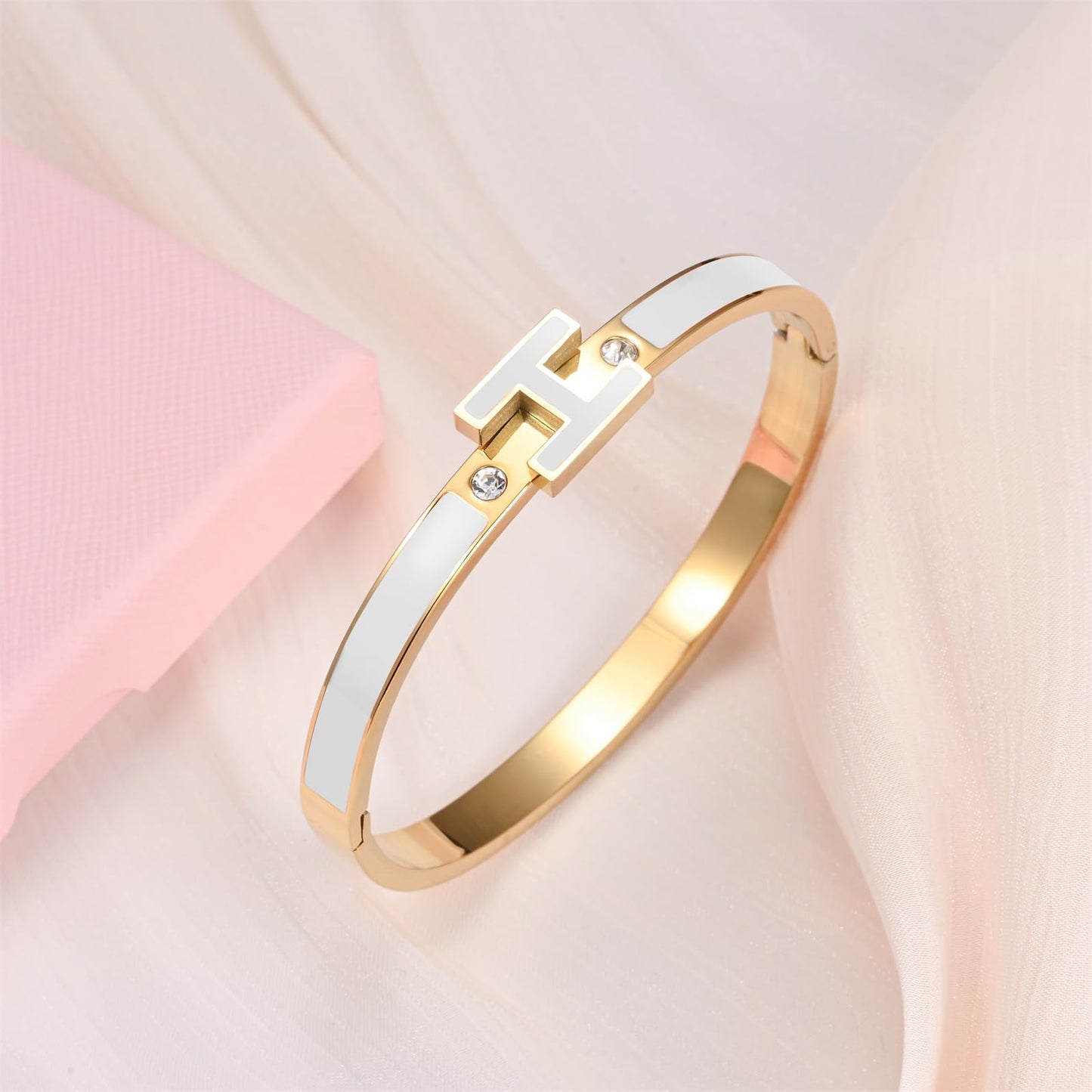 Hothink Gold Bracelets for Women,H Bracelet,Bangle Bracelets for Women,Dainty Bracelet Jewelry Easter Christmas Mothers Day Gifts for Women (White)