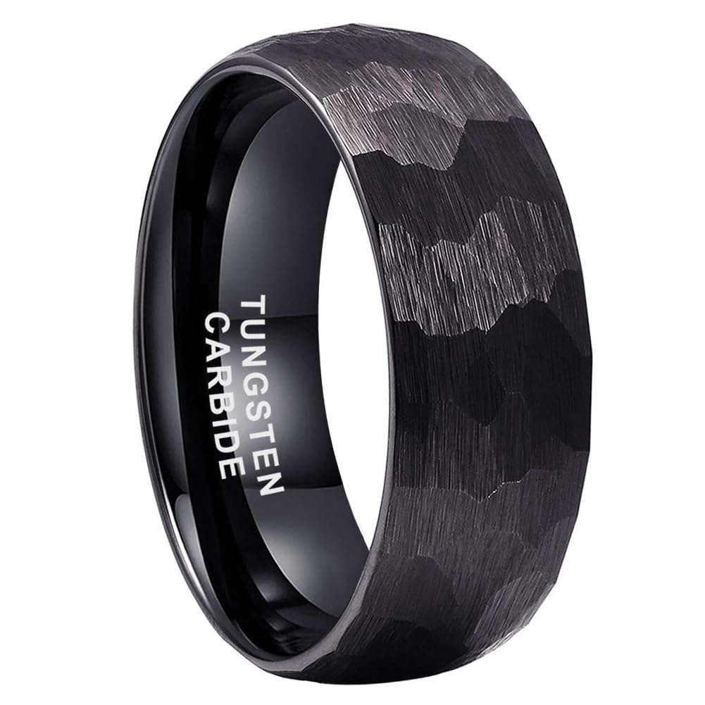 TUTISS 8mm Black Hammered Tungsten Rings for Men Women Fashion Engagement Wedding Bands Domed Matte Finish Comfort Fit Size 8