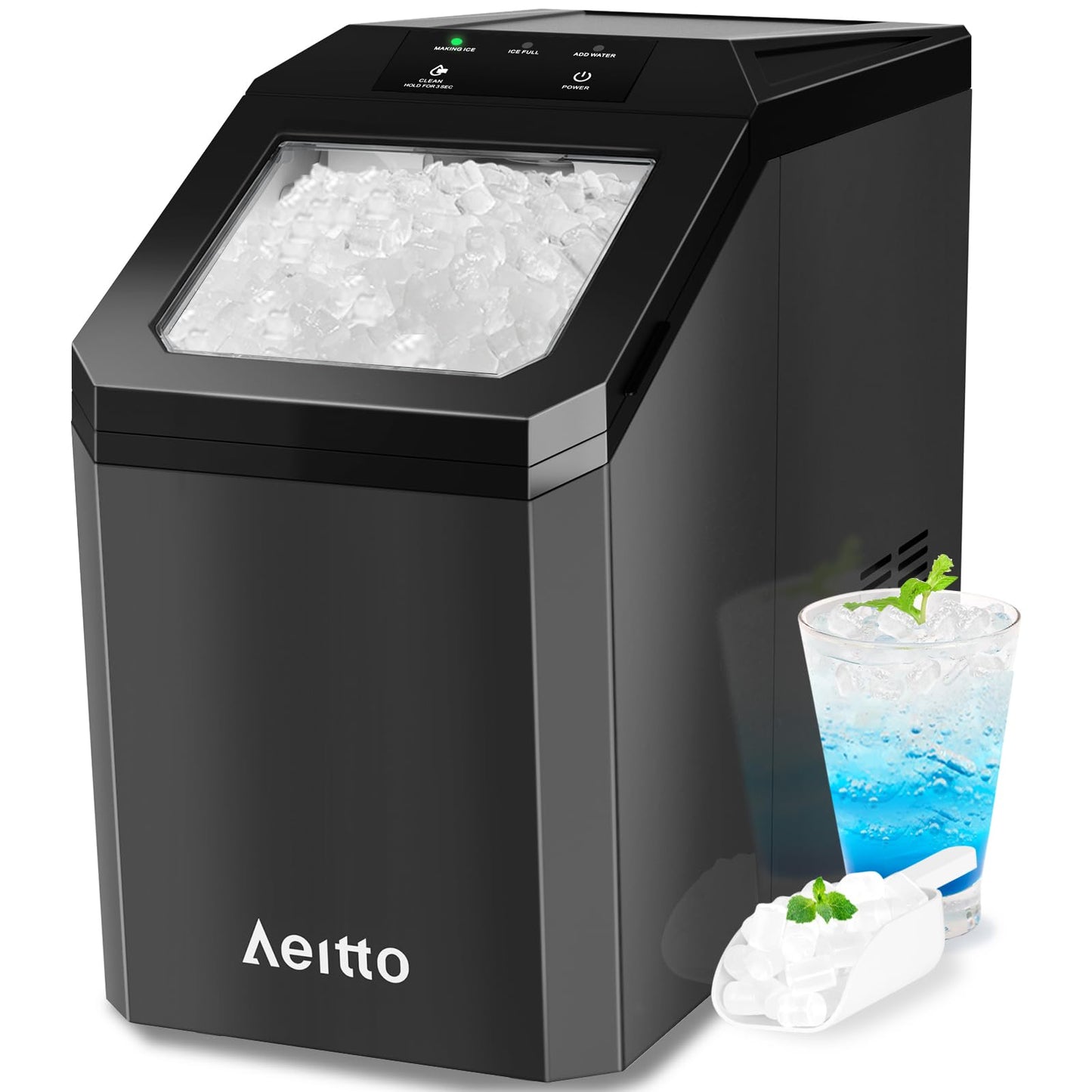 Aeitto Nugget Ice Maker Countertop, 55lbs/24H Ice Machine with 3.6L Water Tank&3.2Lbs Ice Basket, Self-Cleaning Pebble Ice Maker with Stainless Steel Housing for Home Office and Party, Black