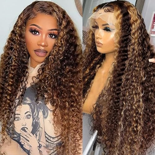 Highlight Ombre Wear and Go Glueless Hd Transparent Deep Curly Honey Blonde Lace Front Wigs Human Hair Pre Plucked with Baby Hair 200% Density 4/27 Water Wave Wig Human Hair
