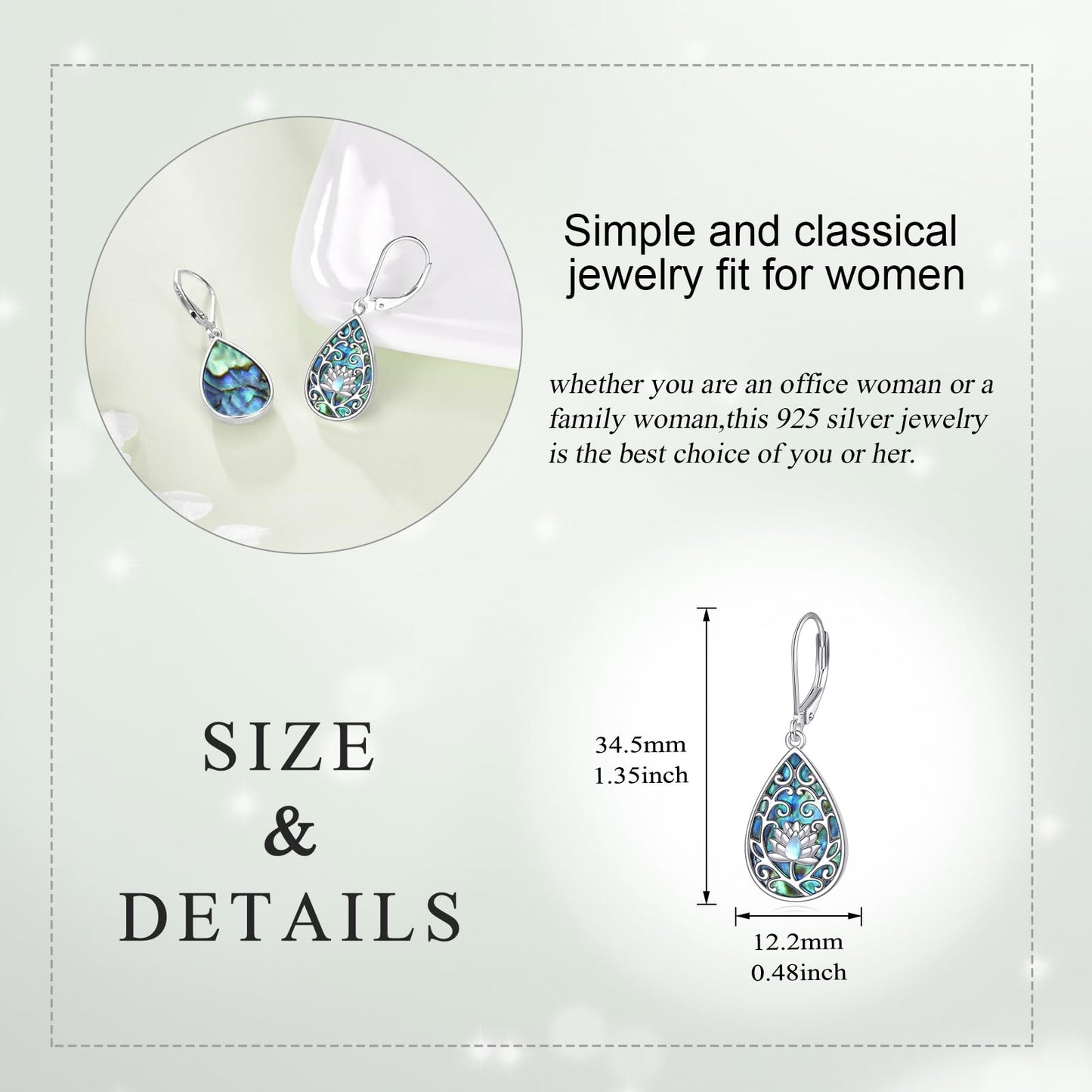 Lotus Earrings for Women 925 Sterling Silver Abalone Lotus Dangle Drop Moonstone Leverback Anniversary Jewelry Gifts for Wife