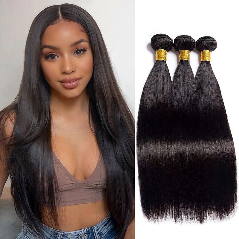 Straight Human Hair Bundles 14 16 18 Inches Brazilian 100% Unprocessed Virgin Hair Weave Bundles Human Hair Straight Weft Natural Black Color Hair Extensions for Women