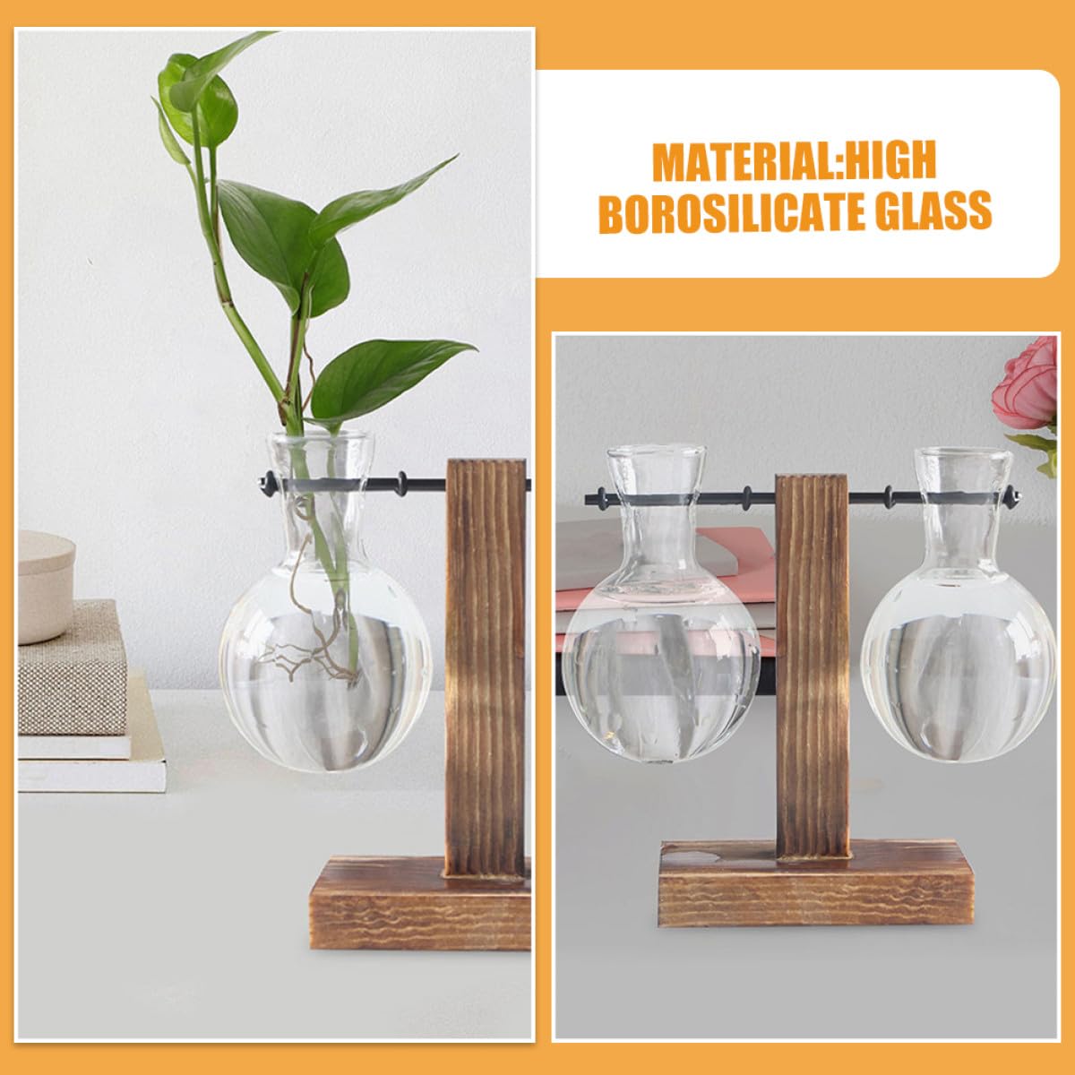 MAGICLULU 3pcs Glass Propagation Vases with Wooden Stand High Borosilicate Hydroponic Plant Planter for Desktop Indoor Terrarium and Plant Propagation