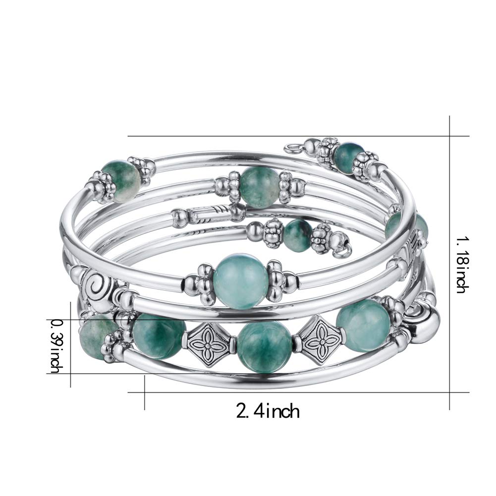 Beaded Pearl Bangle Wrap Bracelet - Fashion Bohemian Jewelry Multilayer Charm Bracelet with Thick Silver Metal Beads, Gift For Women(Jade Green)