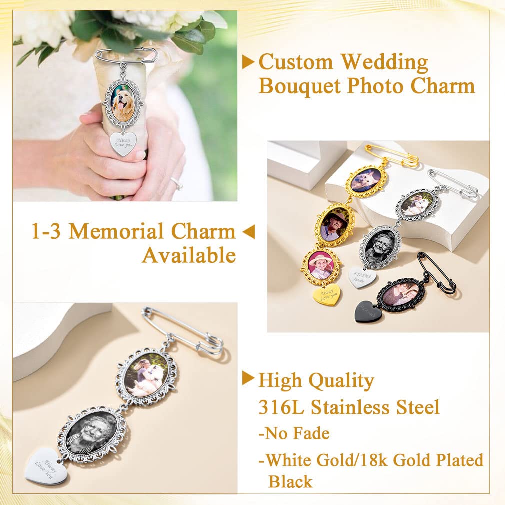 Custom4U Pins with Picture Charms Photo Pins Customized Wedding Bouquet Charm for Bride Groom