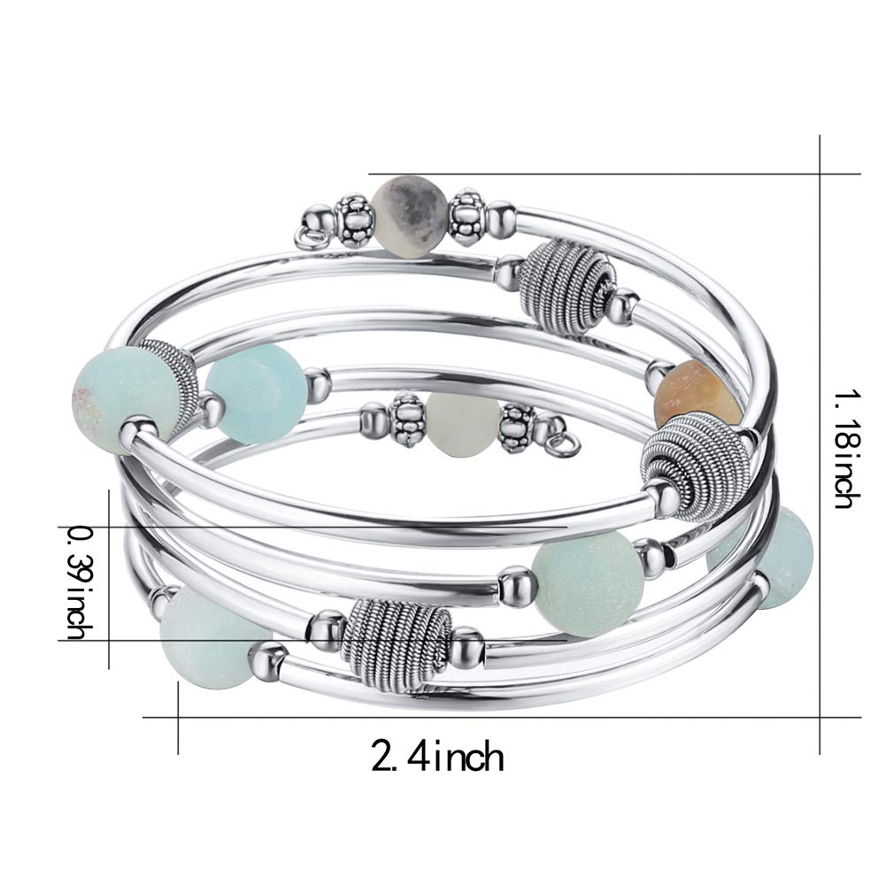 PEARL&CLUB Beaded Chakra Bangle Turquoise Bracelet - Fashion Jewelry Wrap Bracelet with Thick Silver Metal and Mala Beads, Birthday Gifts For Women(63-Agate Green)