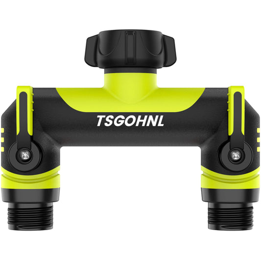 2 Way Garden Hose Splitter, 3/4 Inch Outdoor Faucet Splitter, Hose Manifold with Independent Shut Off Valves, Wide Spacing for Hose Timers, Sprinklers, Lawn, Yard and Garden Watering - Green