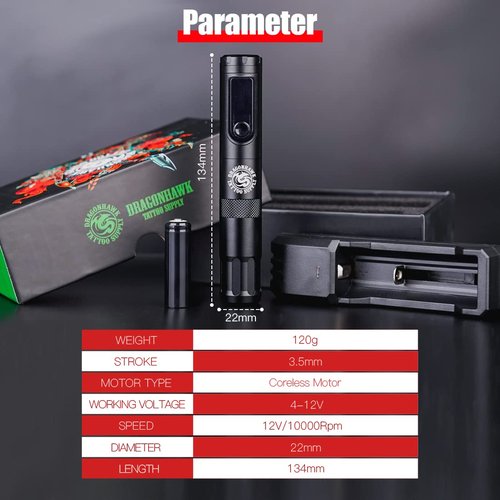 Dragonhawk X4 Tattoo Gun Wireless Tattoo Pen Machine with Two Replacement Batteries Coreless Motor by Mcore Lightweight Slim Great for Women Artists
