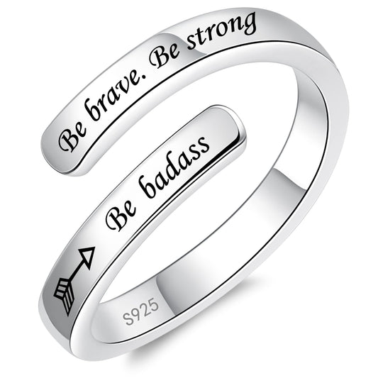 925 Sterling Silver Inspirational Jewelry Adjustable Wrap Open Ring Encouragement Gift for Women(Be brave. Be strong. Be badass)