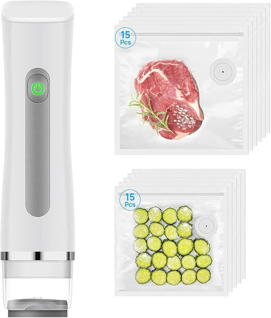 Vacuum Sealer for Food with Visible Water Tank, Handheld Compact Vacuum Sealer,Food Safety and Storage Vacuum Machine with 30 Pcs Reusable Vacuum Bags (White)