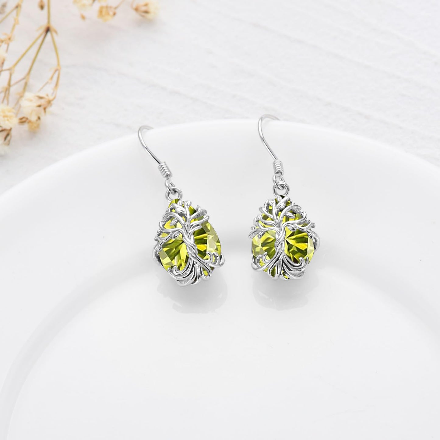 TOUPOP Peridot August Birthstone Earrings Sterling Silver Teardrop Tree of Life Earrings Family Tree Peridot Jewelry Birthday Mothers Day Gifts for Women Mom Her